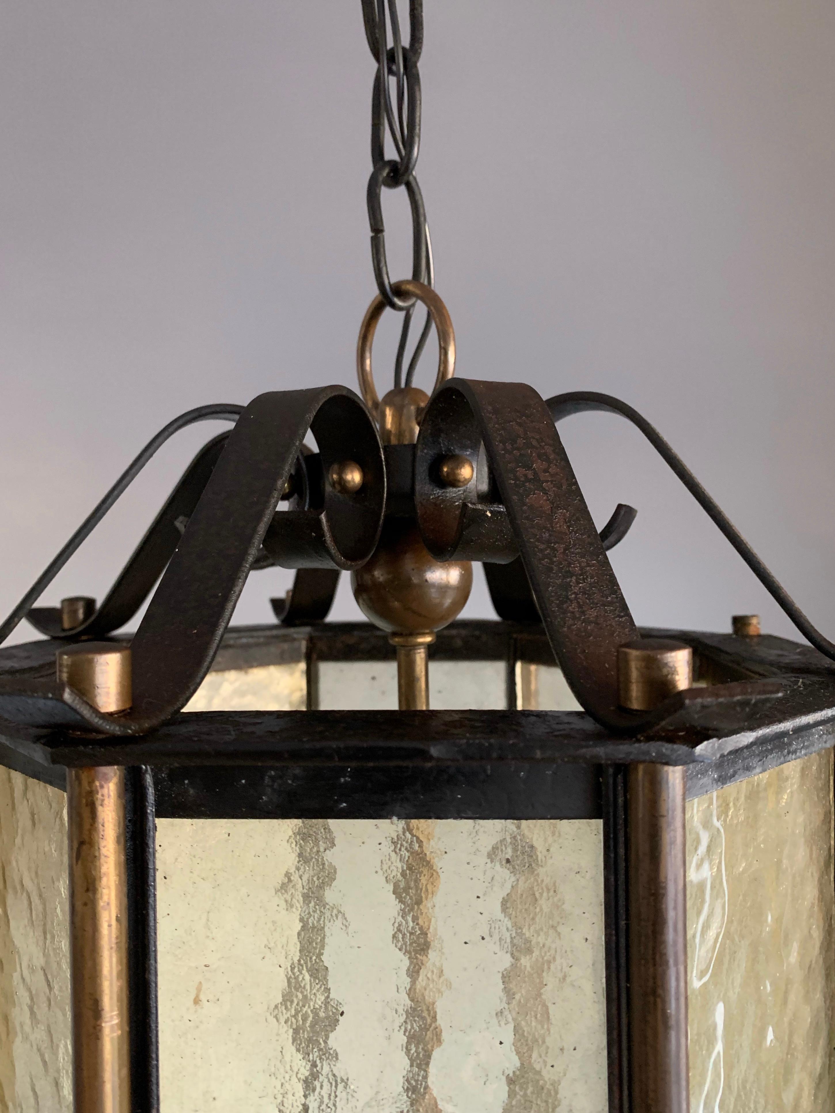 Extra Large Brass and Wrought Iron Lantern / Pendant with Cathedral Glass, 1930s For Sale 6