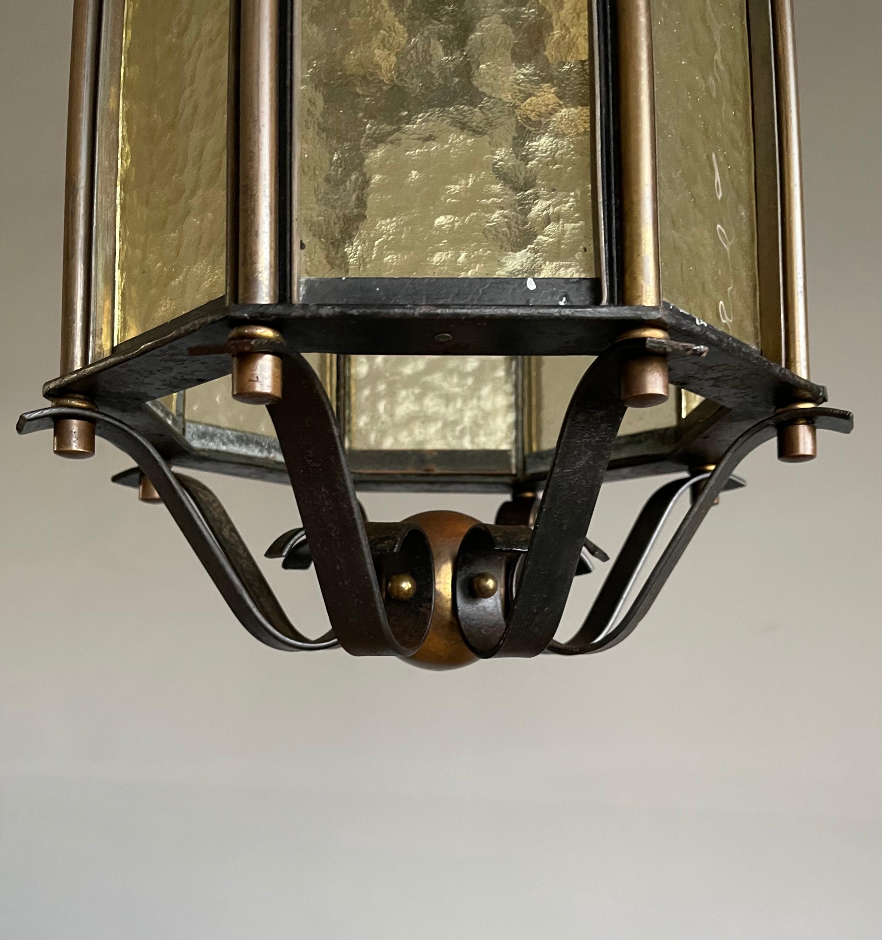 Extra Large Brass and Wrought Iron Lantern / Pendant with Cathedral Glass, 1930s For Sale 9