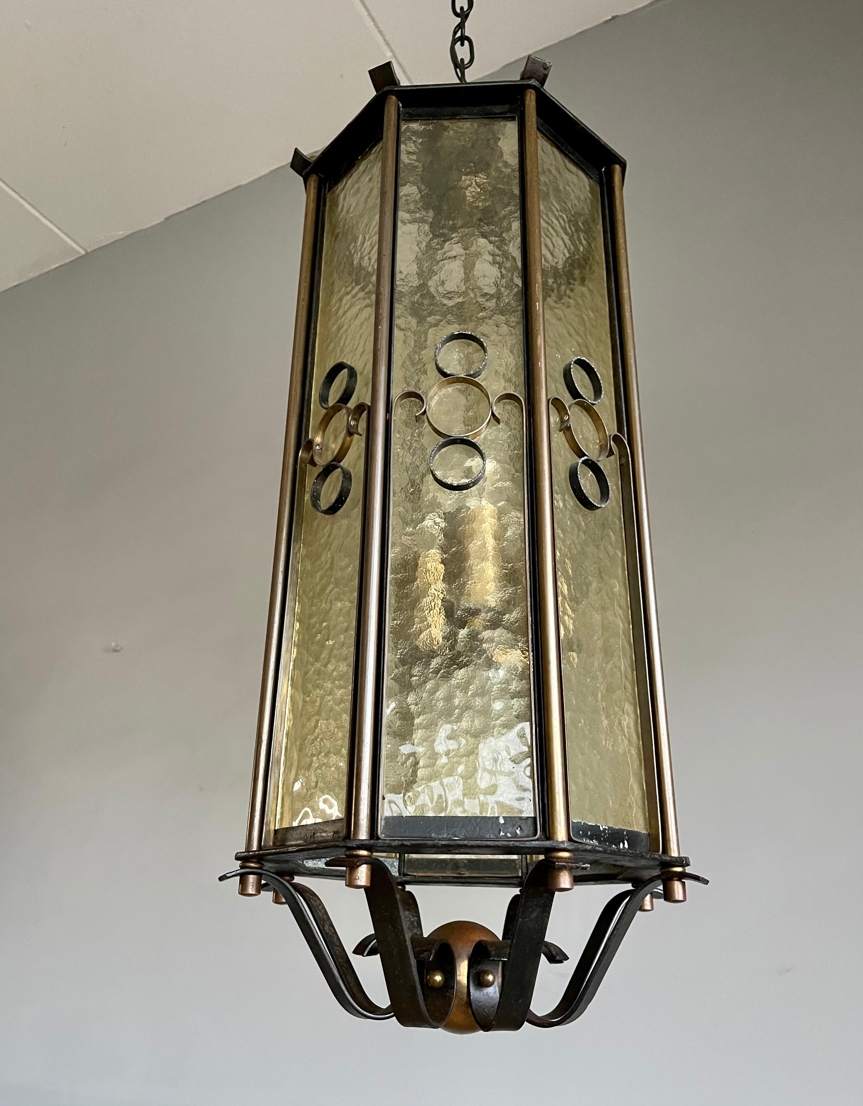 Extra Large Brass and Wrought Iron Lantern / Pendant with Cathedral Glass, 1930s For Sale 10