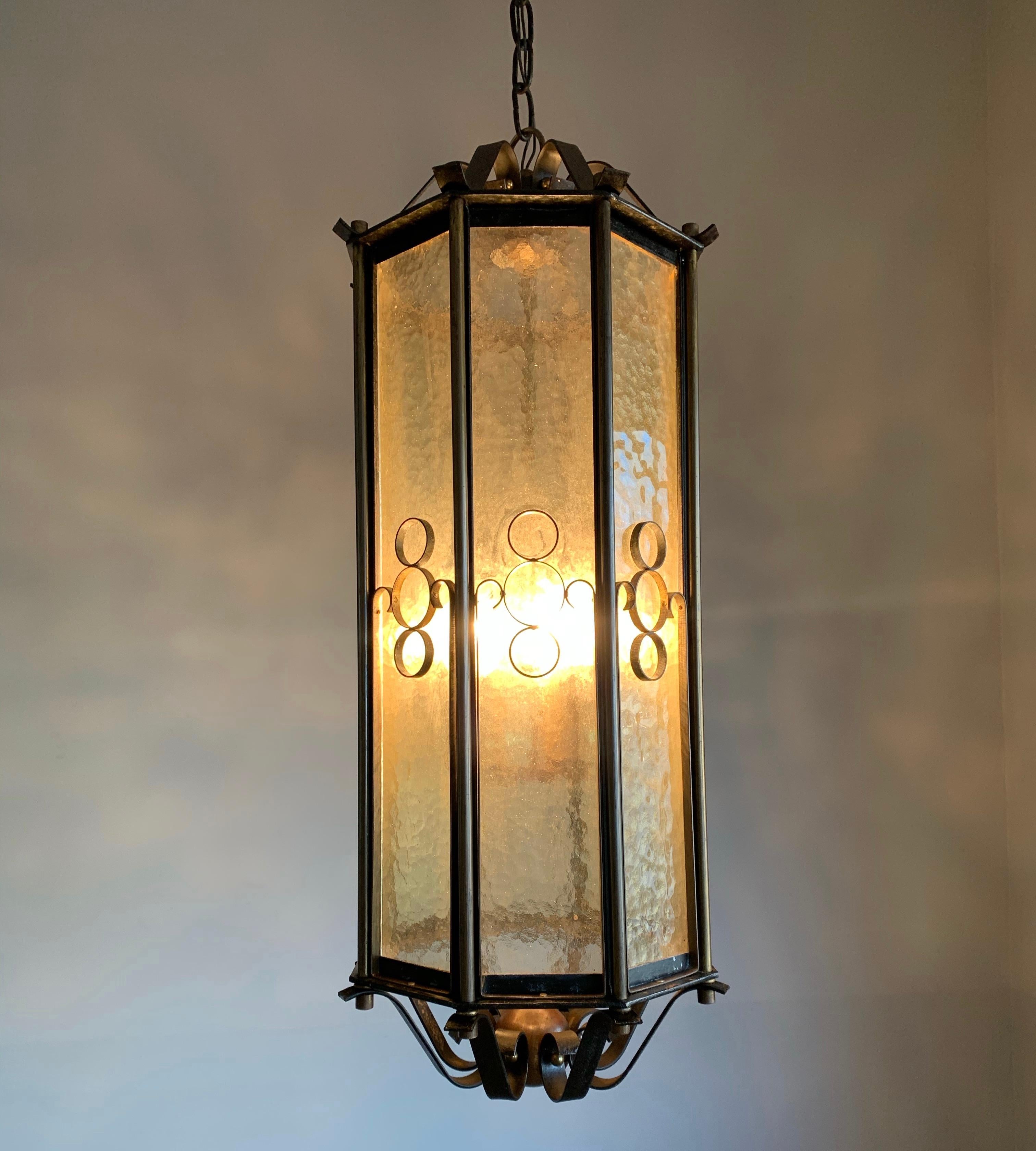 Medieval Extra Large Brass and Wrought Iron Lantern / Pendant with Cathedral Glass, 1930s For Sale