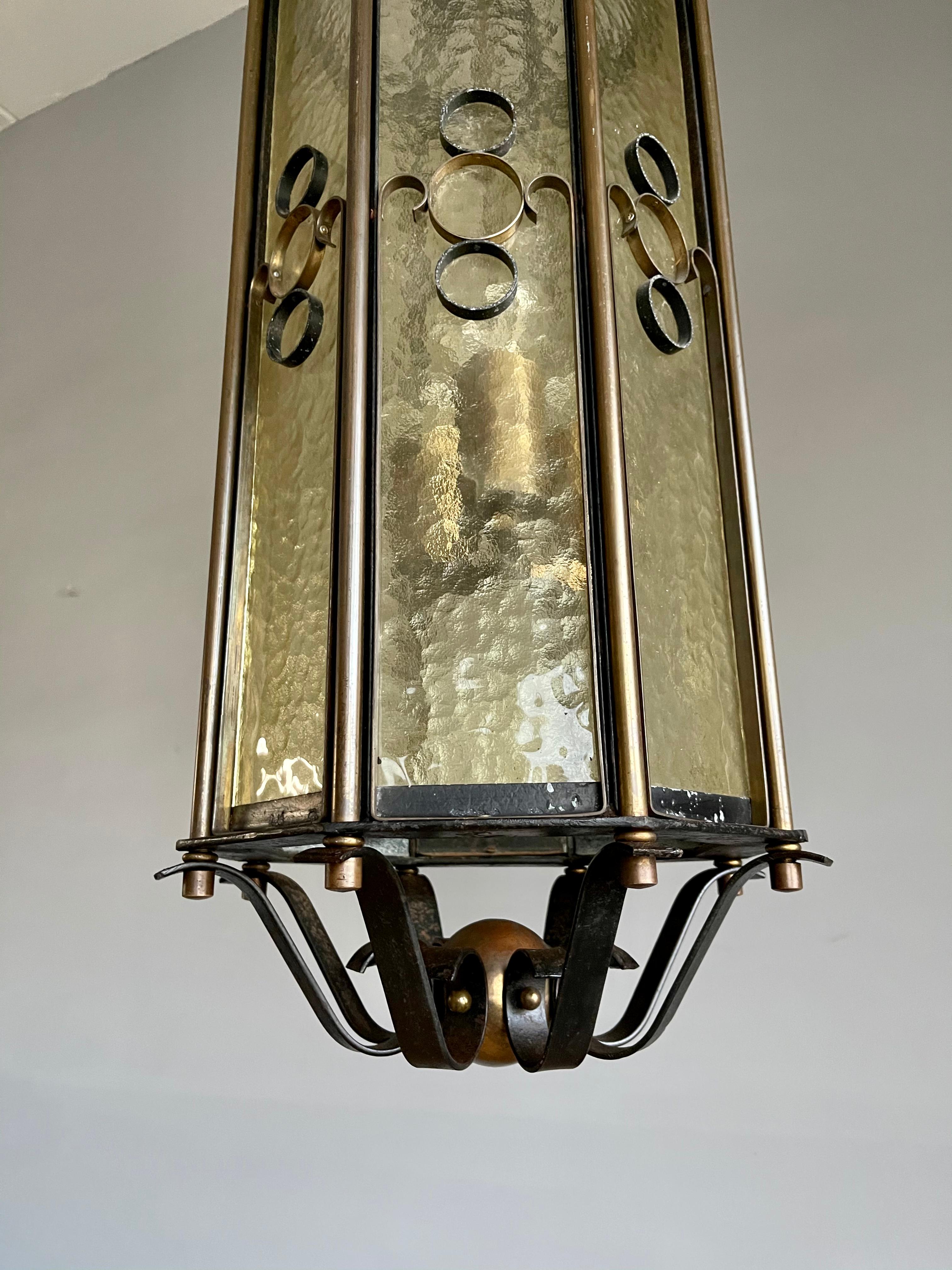 Extra Large Brass and Wrought Iron Lantern / Pendant with Cathedral Glass, 1930s In Good Condition For Sale In Lisse, NL