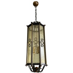 Extra Large Brass and Wrought Iron Lantern / Pendant with Cathedral Glass, 1930s