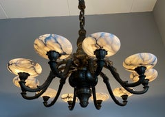 Extra Large Bronze Jugendstil Era Chandelier with 10 White Alabaster Shades 1910