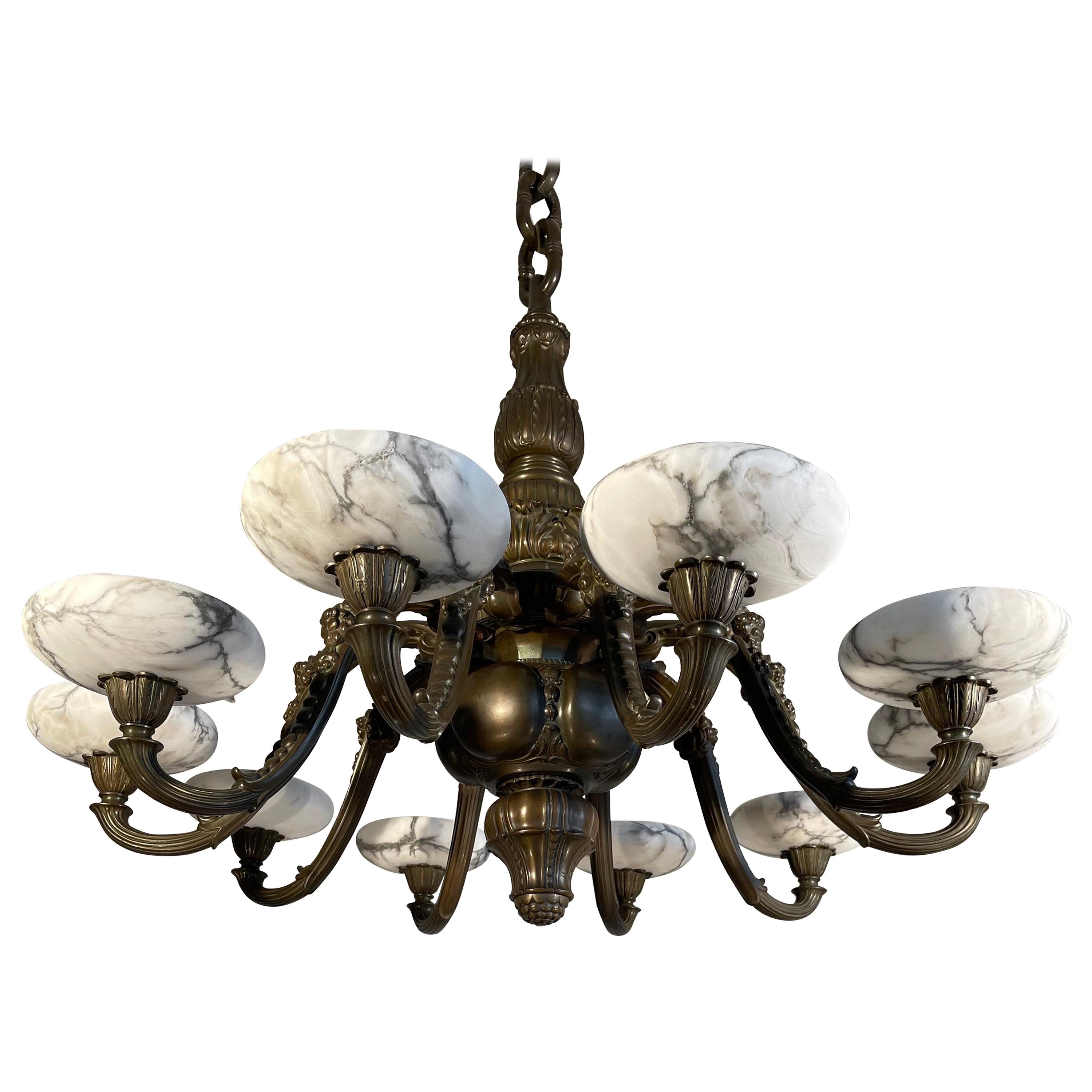 Extra Large Bronze Jugendstil Era Chandelier with 10 White Alabaster Shades 1910