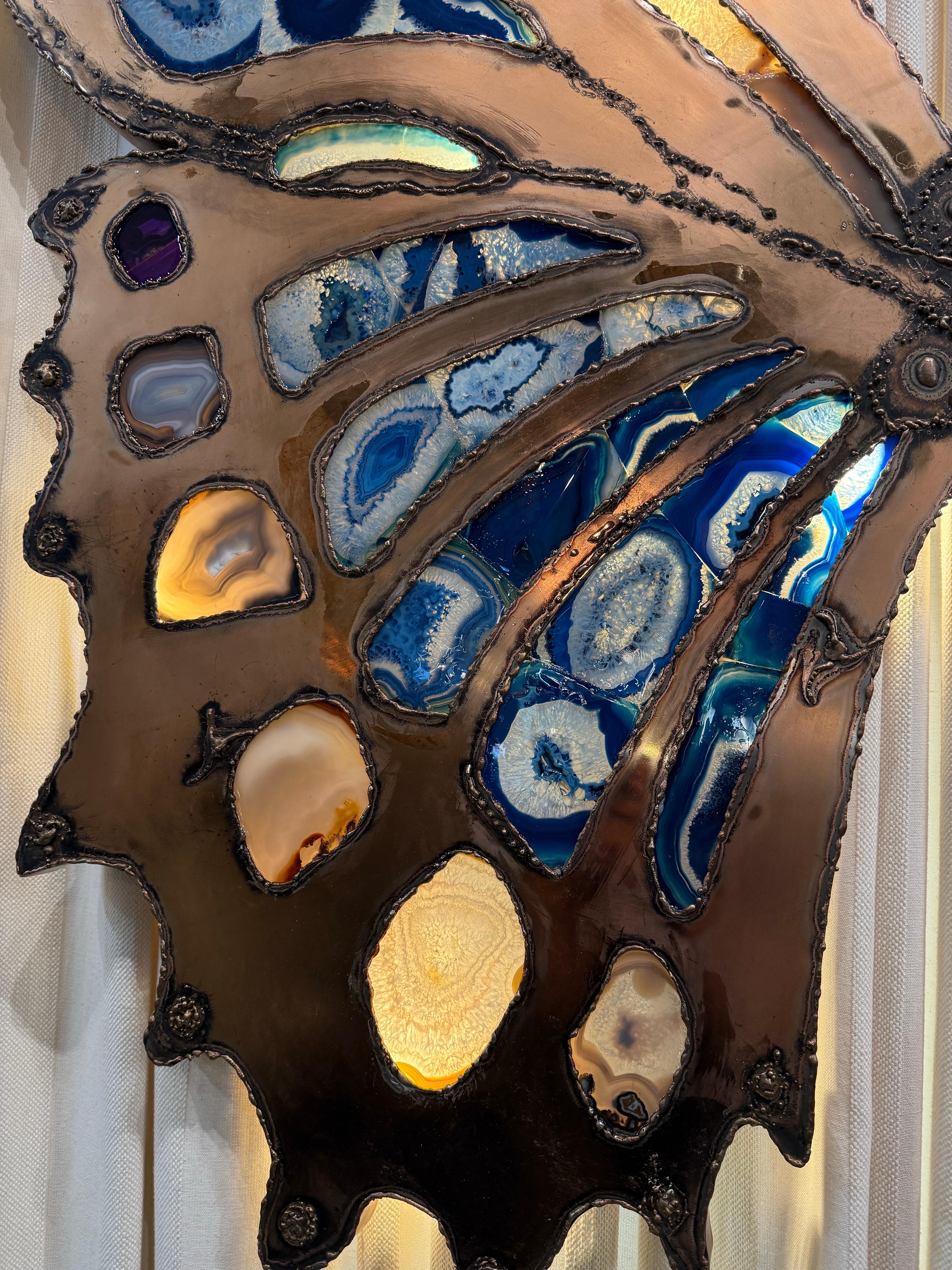 Extra-Large Brutal Style Agate Stone Butterfly Wall Sculpture & Light For Sale 13