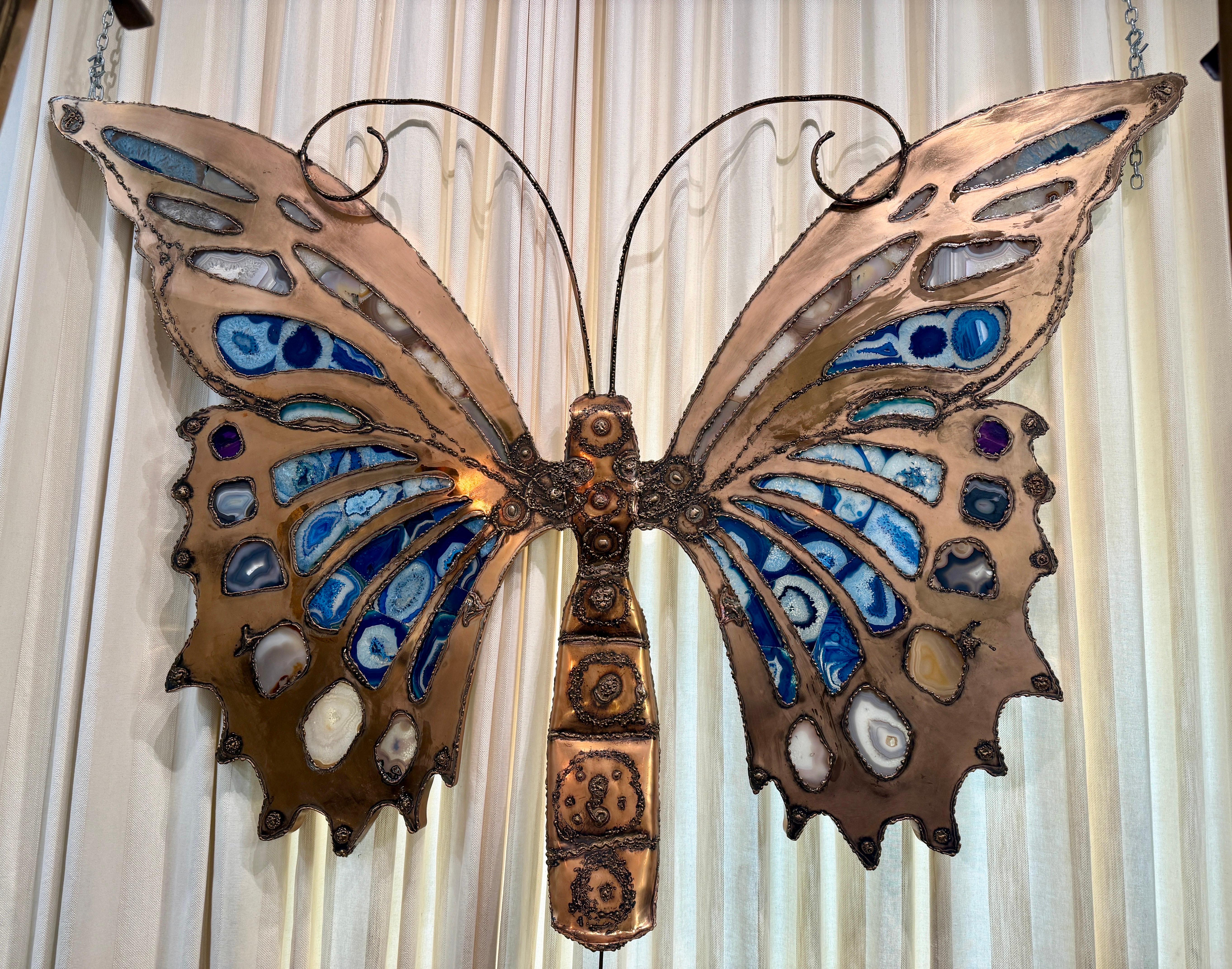 Brutalist Extra-Large Brutal Style Agate Stone Butterfly Wall Sculpture & Light For Sale