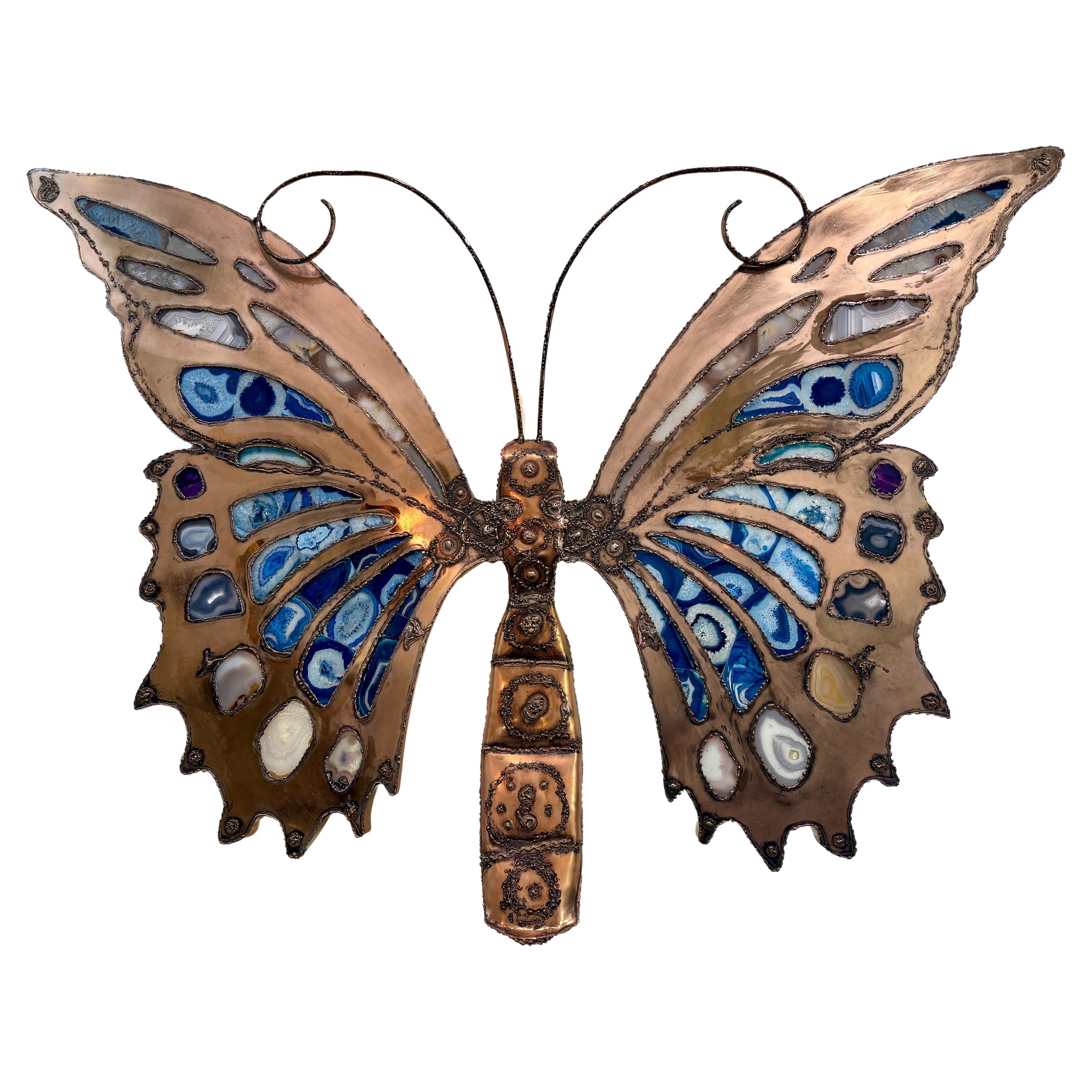 Extra-Large Brutal Style Agate Stone Butterfly Wall Sculpture & Light For Sale