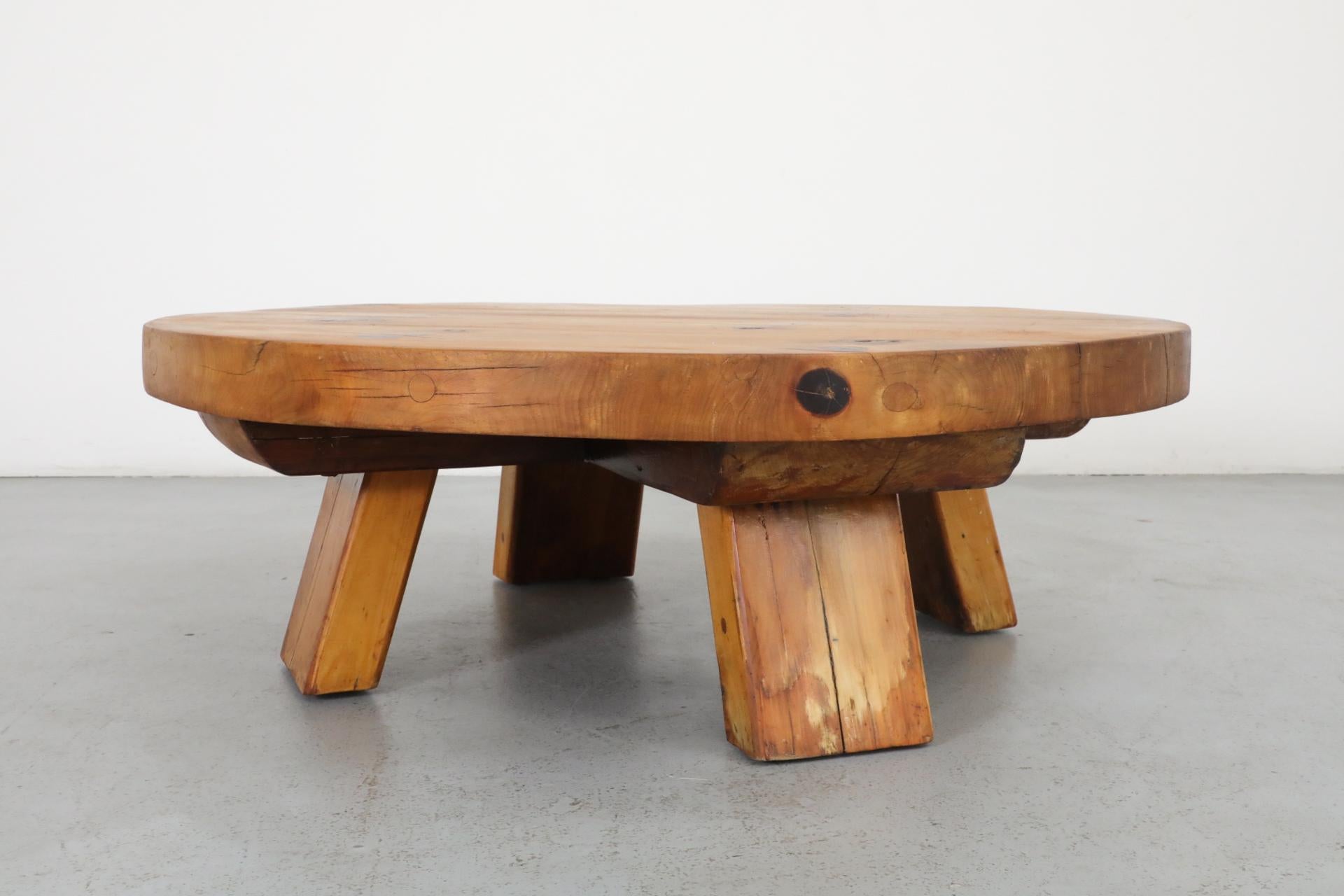 Extra Large Brutalist Fir Coffee Table with Round Top and Thick Slab Legs For Sale 5