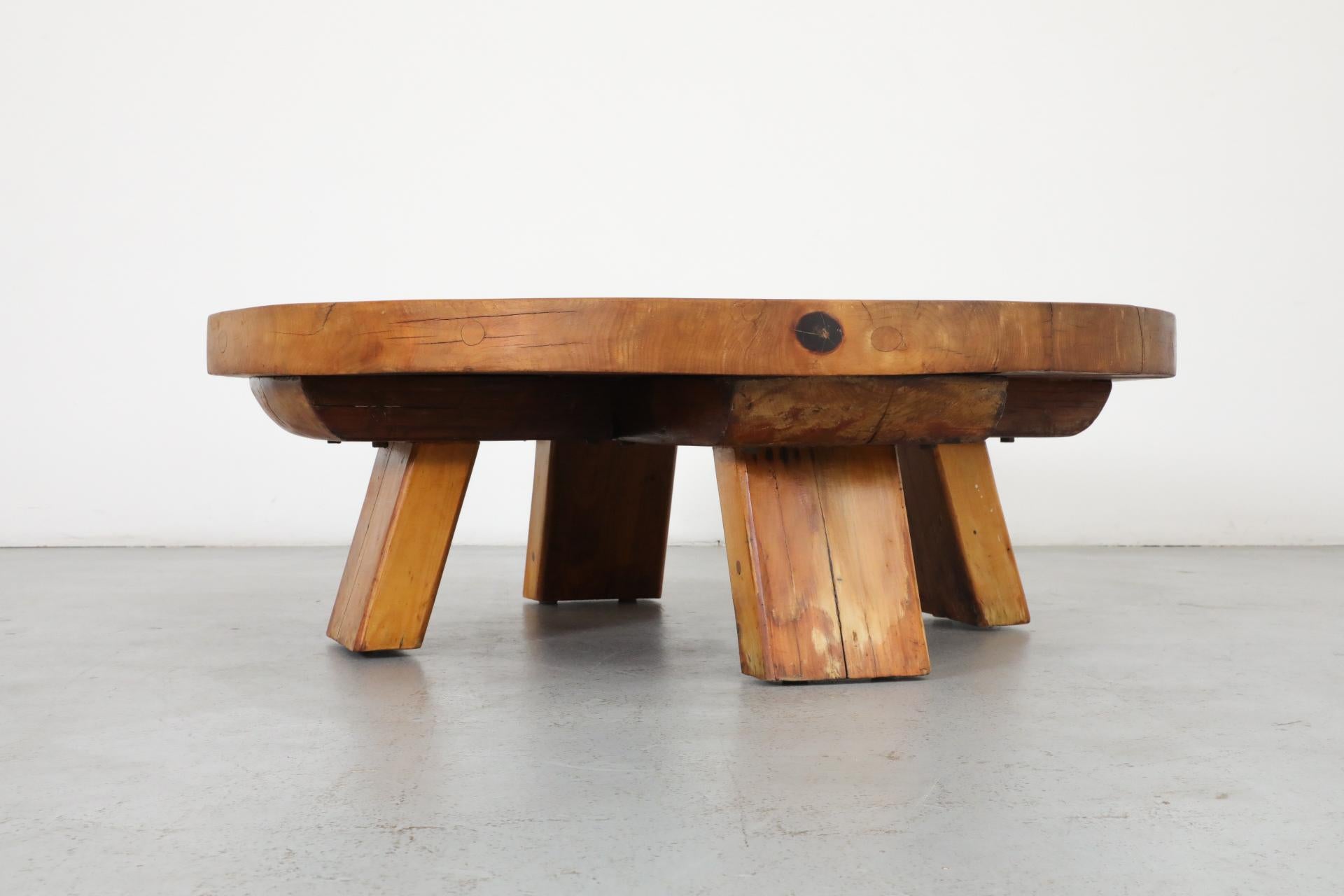 Extra Large Brutalist Fir Coffee Table with Round Top and Thick Slab Legs For Sale 6
