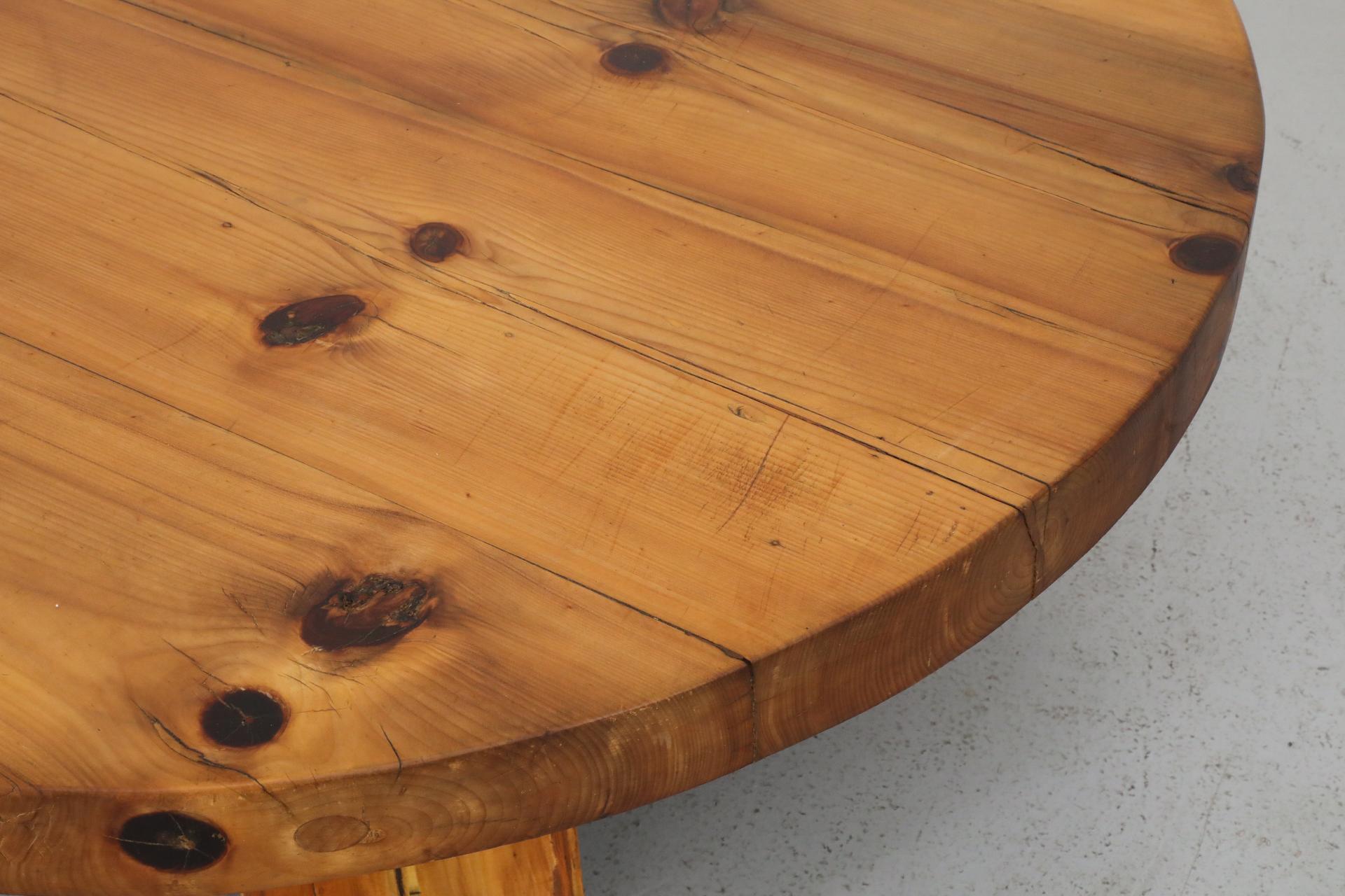 Extra Large Brutalist Fir Coffee Table with Round Top and Thick Slab Legs For Sale 9
