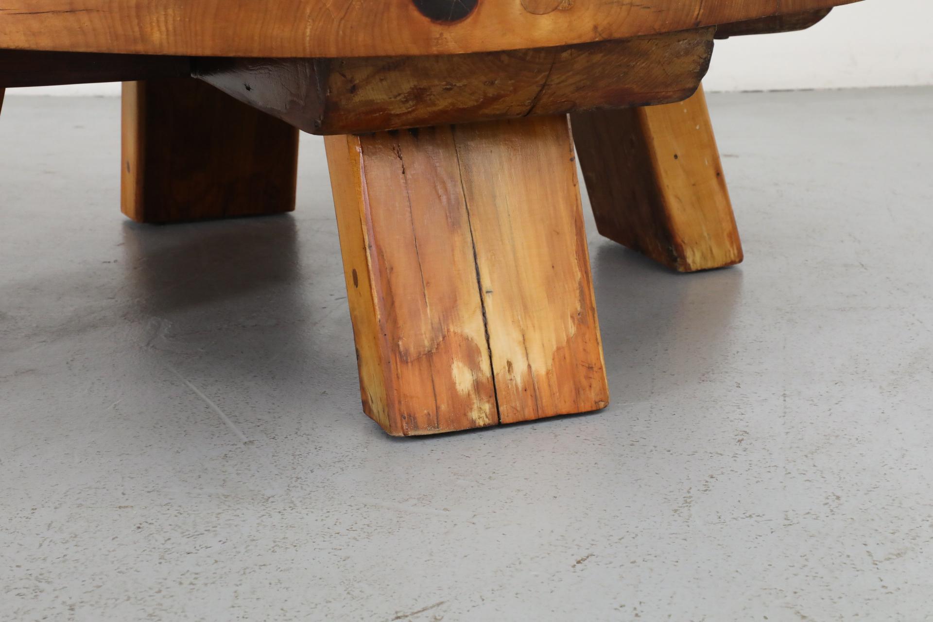 Extra Large Brutalist Fir Coffee Table with Round Top and Thick Slab Legs For Sale 10