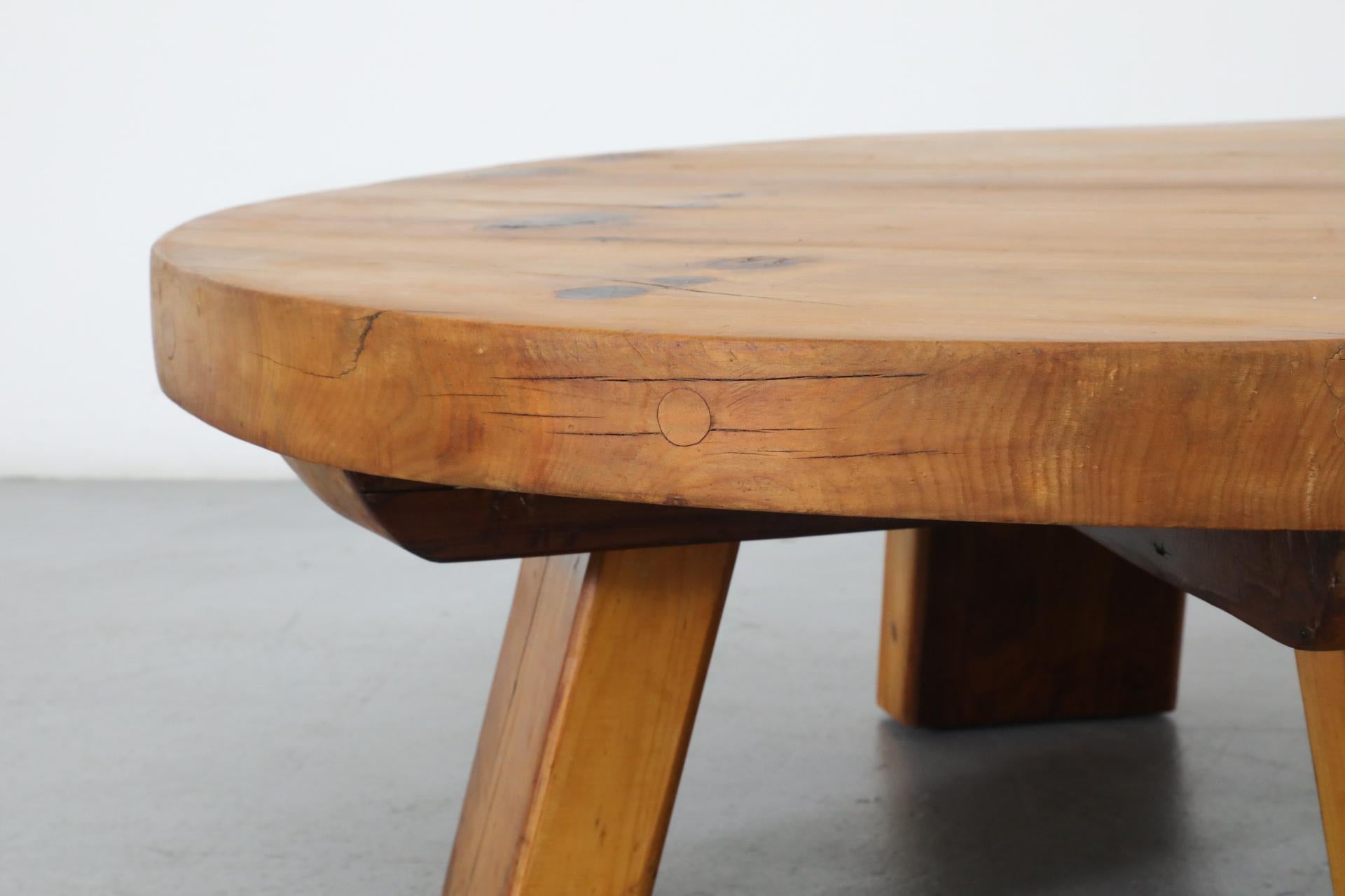 Extra Large Brutalist Fir Coffee Table with Round Top and Thick Slab Legs For Sale 11