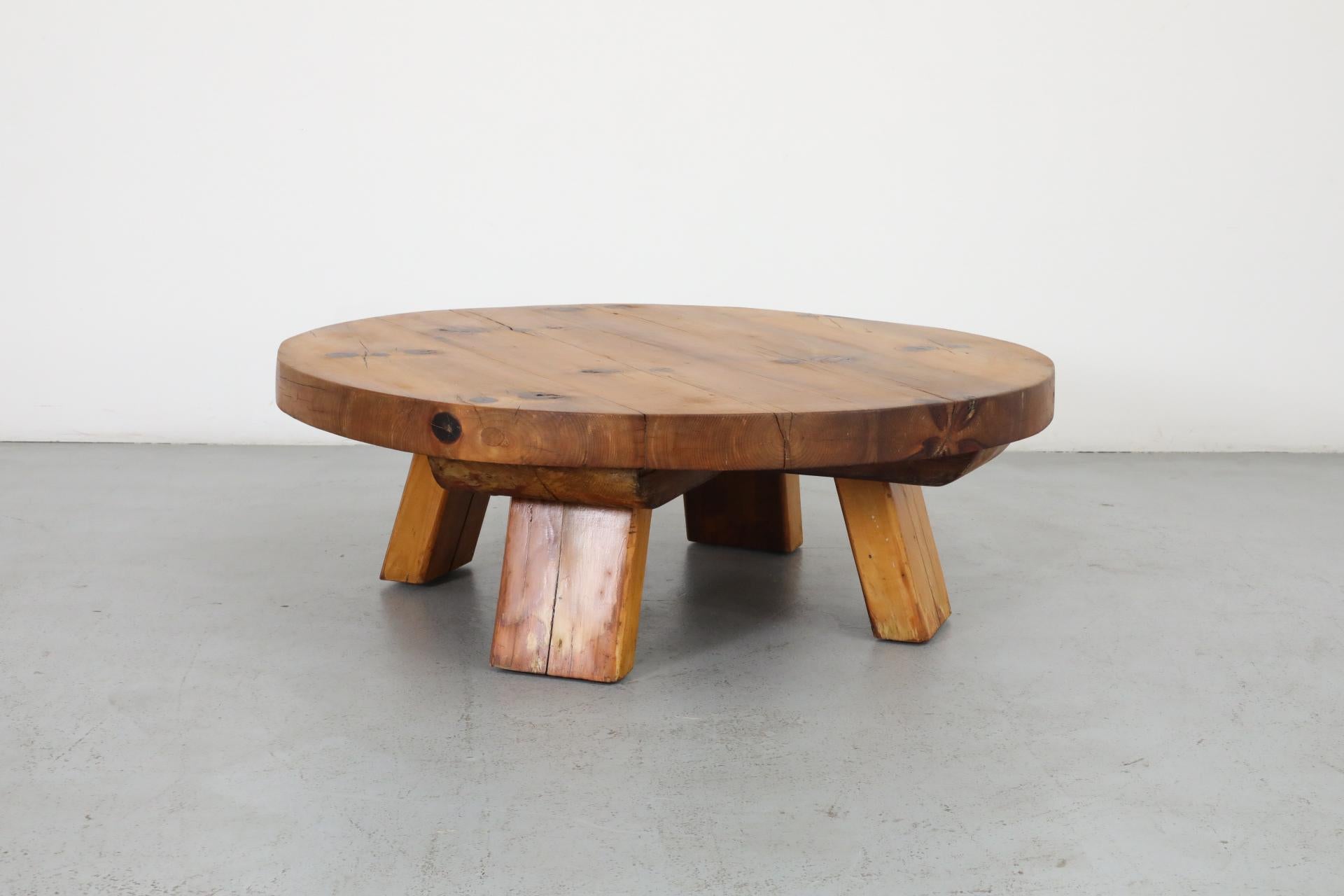 Extra Large Brutalist Fir Coffee Table with Round Top and Thick Slab Legs For Sale 13
