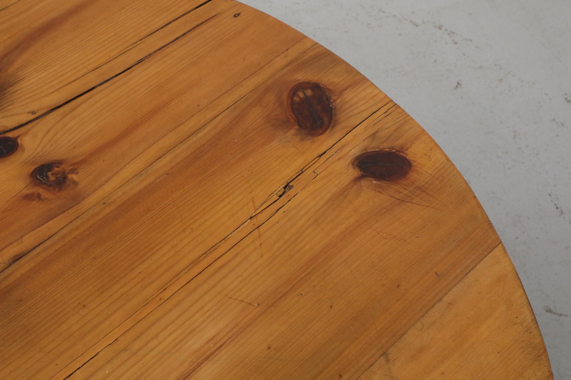 Extra Large Brutalist Fir Coffee Table with Round Top and Thick Slab Legs For Sale 14