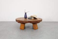 Extra Large Brutalist Fir Coffee Table with Round Top and Thick Slab Legs