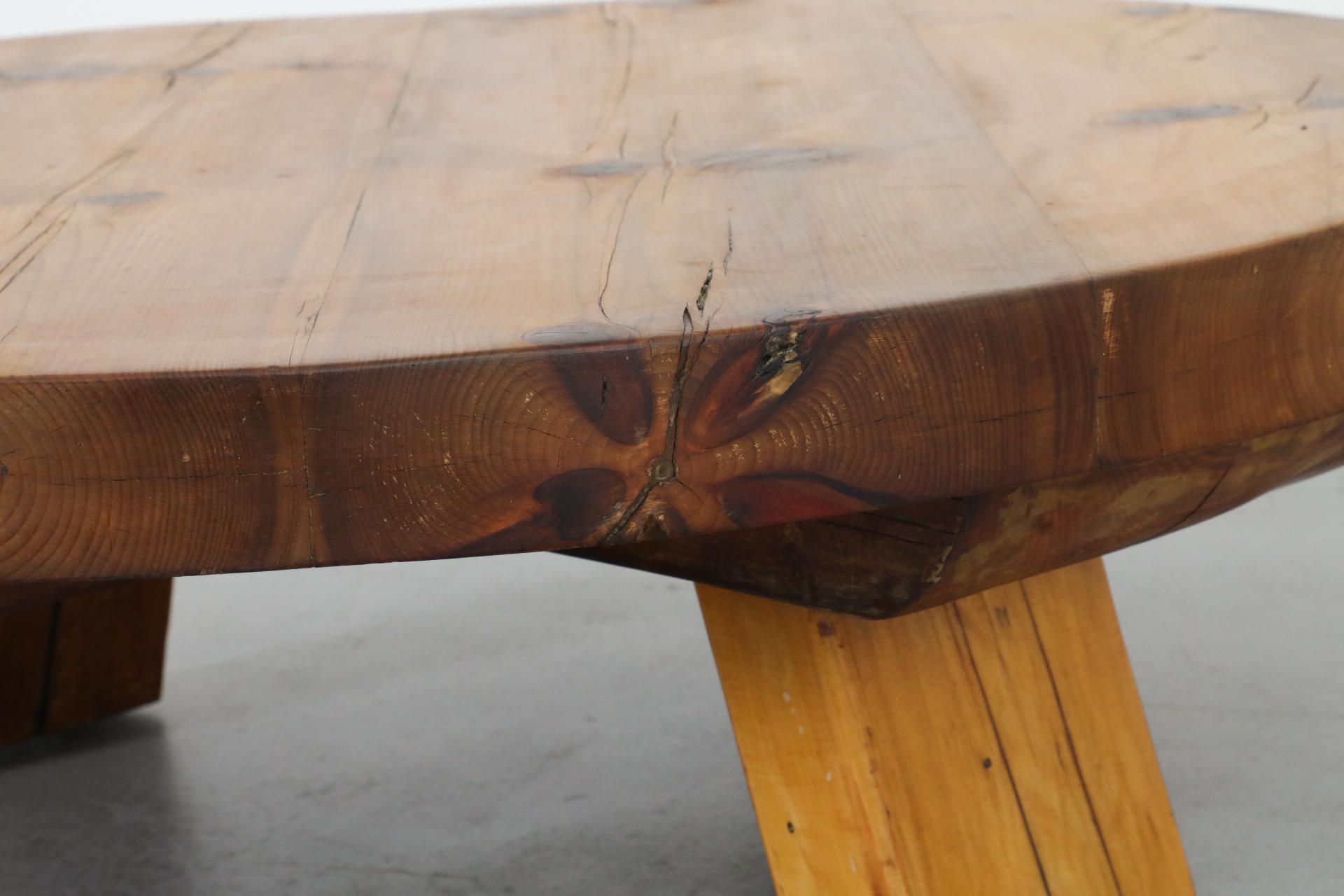 Extra Large Brutalist Fir Coffee Table with Round Top and Thick Slab Legs For Sale 15