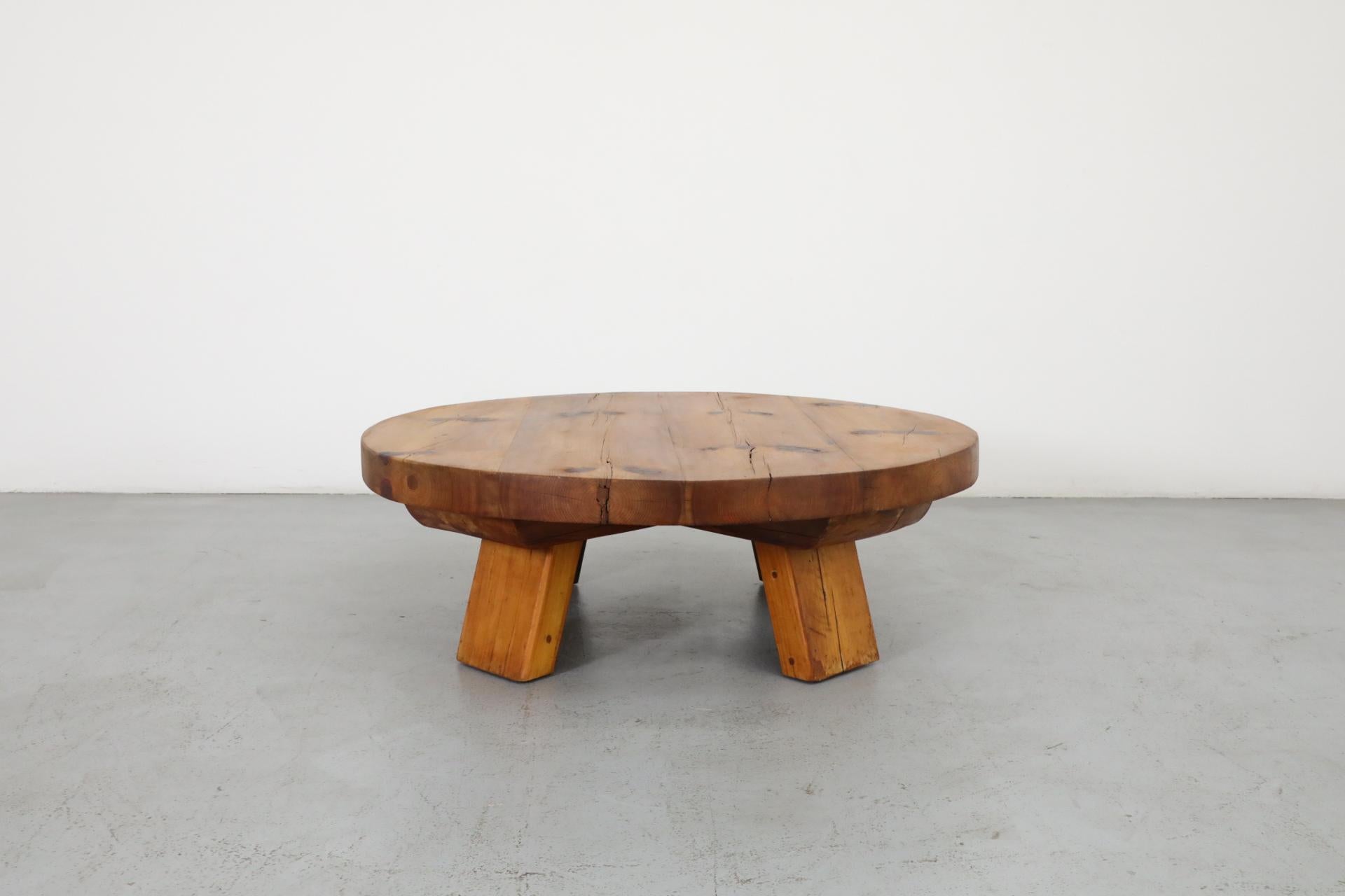 Dutch Extra Large Brutalist Fir Coffee Table with Round Top and Thick Slab Legs For Sale