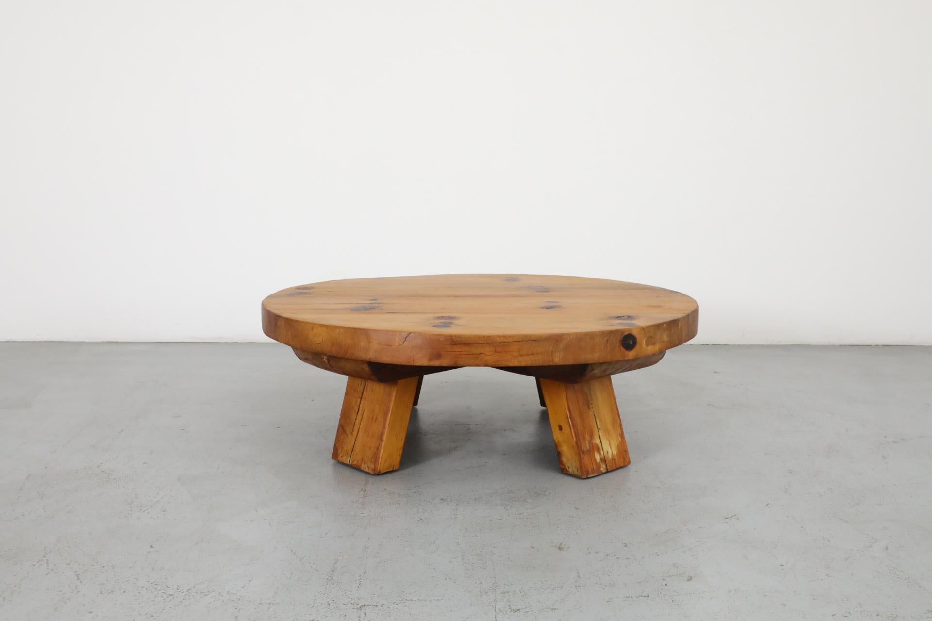 20th Century Extra Large Brutalist Fir Coffee Table with Round Top and Thick Slab Legs For Sale