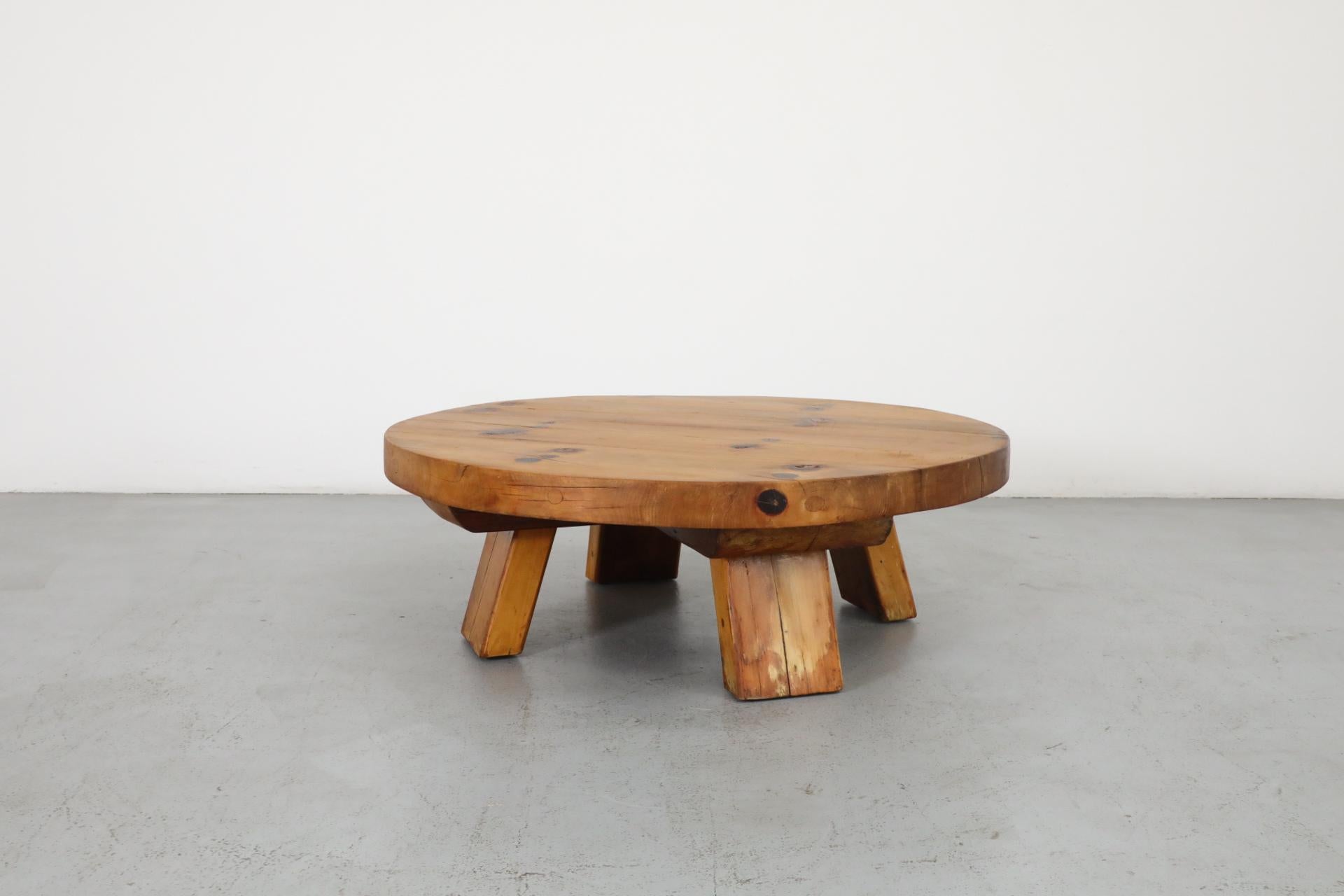 Extra Large Brutalist Fir Coffee Table with Round Top and Thick Slab Legs For Sale 1