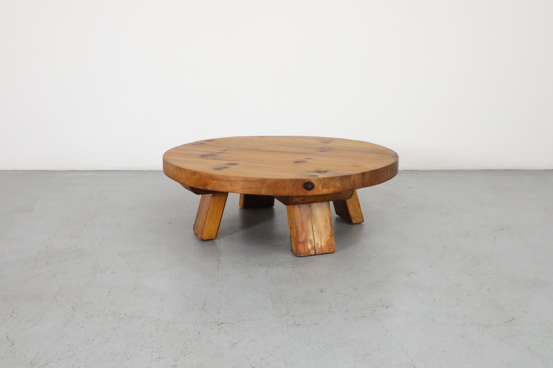Extra Large Brutalist Fir Coffee Table with Round Top and Thick Slab Legs For Sale 2
