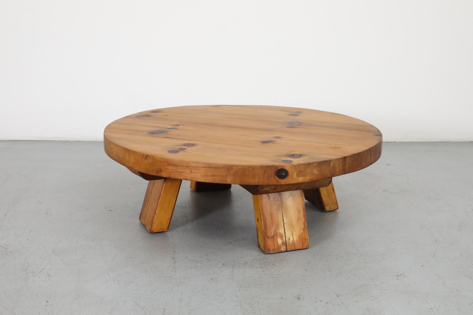 Extra Large Brutalist Fir Coffee Table with Round Top and Thick Slab Legs For Sale 3