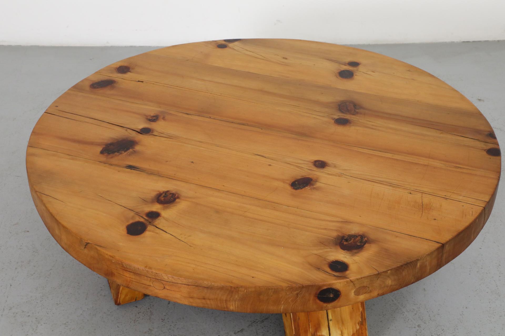 Extra Large Brutalist Fir Coffee Table with Round Top and Thick Slab Legs For Sale 4