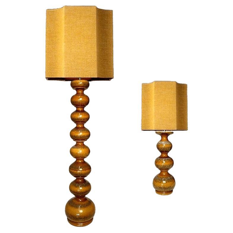 Lampade extra large in ceramica con paralumi nuovi in seta realizzati su misura René Houben, coppia