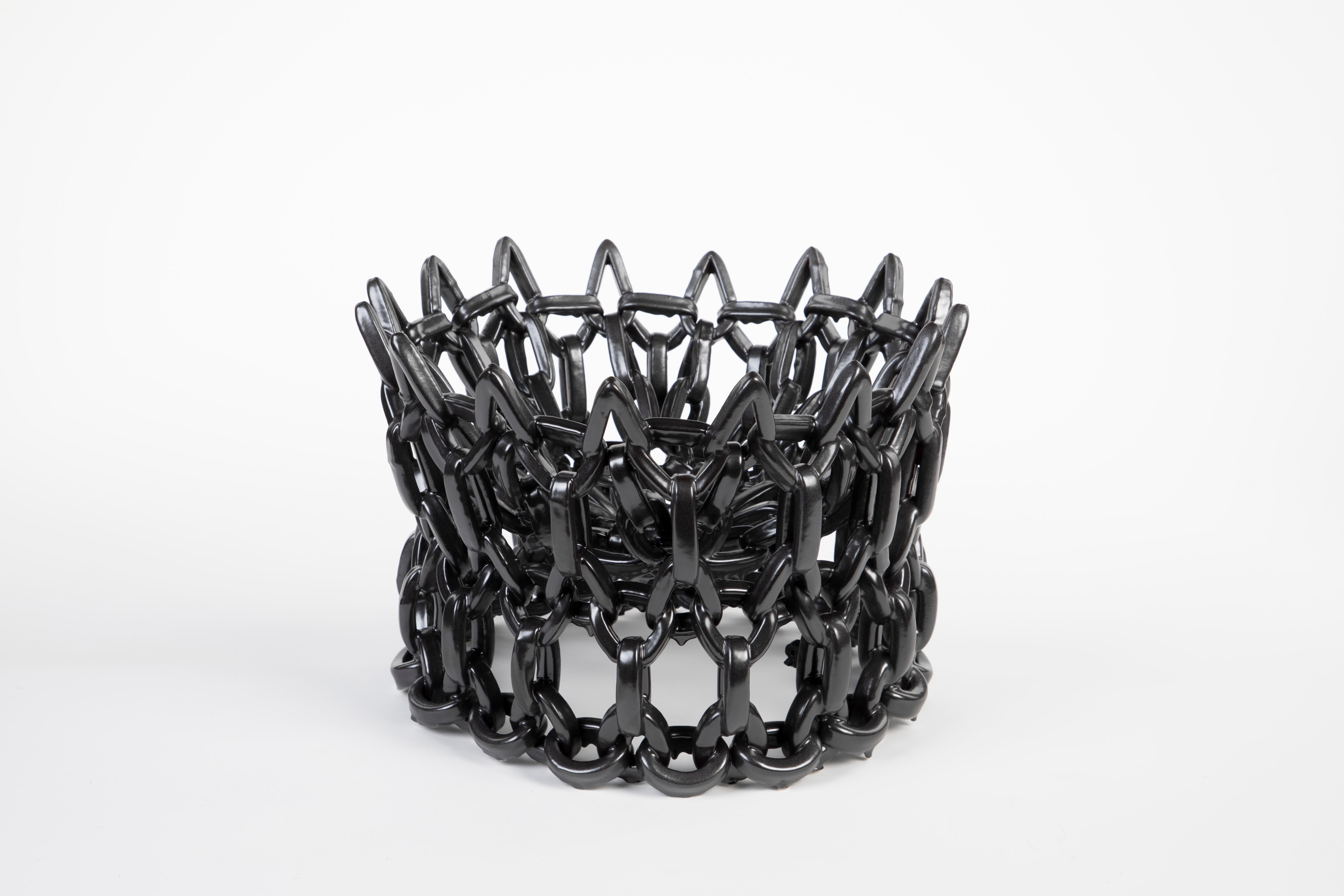 Extra large chain bowl by Atelier Fig
Dimensions: H 28 x Ø 42 cm.
Material: Porcelain, glaze. 
Color: Black metal.
Also available in other colors and finishes (glaze/ engobe/ lacquer).

Atelier Fig. is founded by the Dutch designers Gijs
