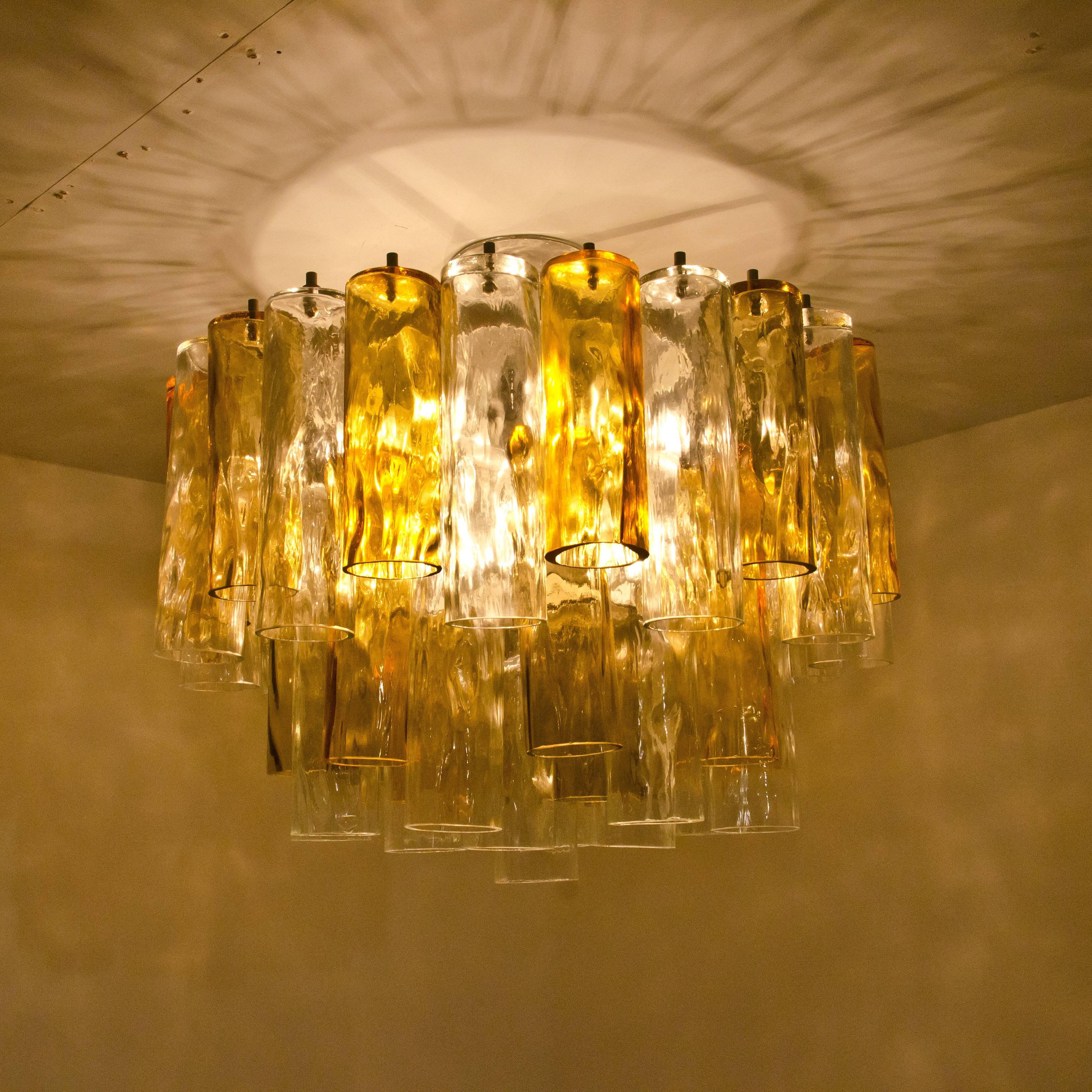 Mid-Century Modern Extra Large Chandelier by Barovier & Toso Ocher and Clear Glass Tubes