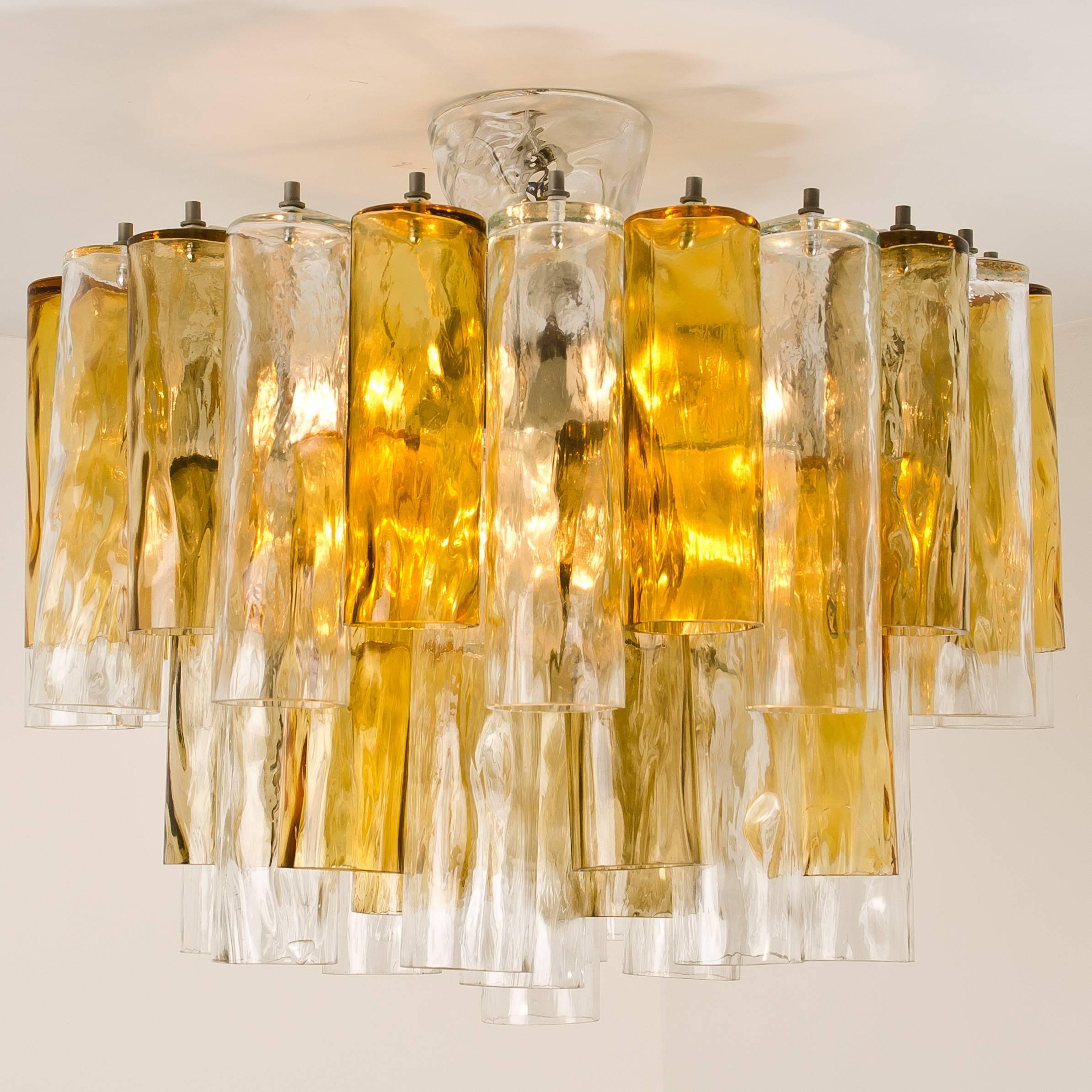 Italian Extra Large Chandelier by Barovier & Toso Ocher and Clear Glass Tubes
