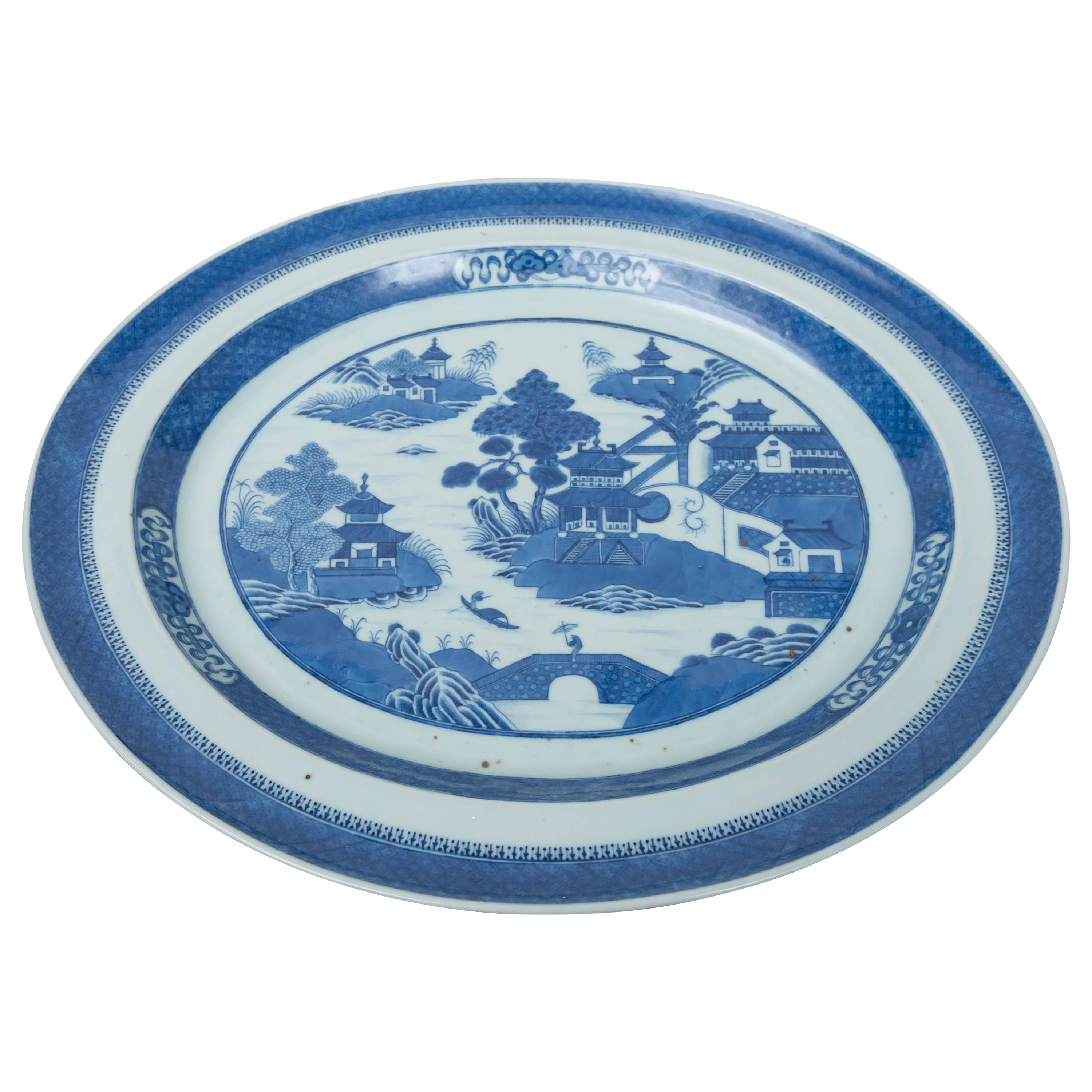 Extra large plat ovale chinois Canton bleu et blanc