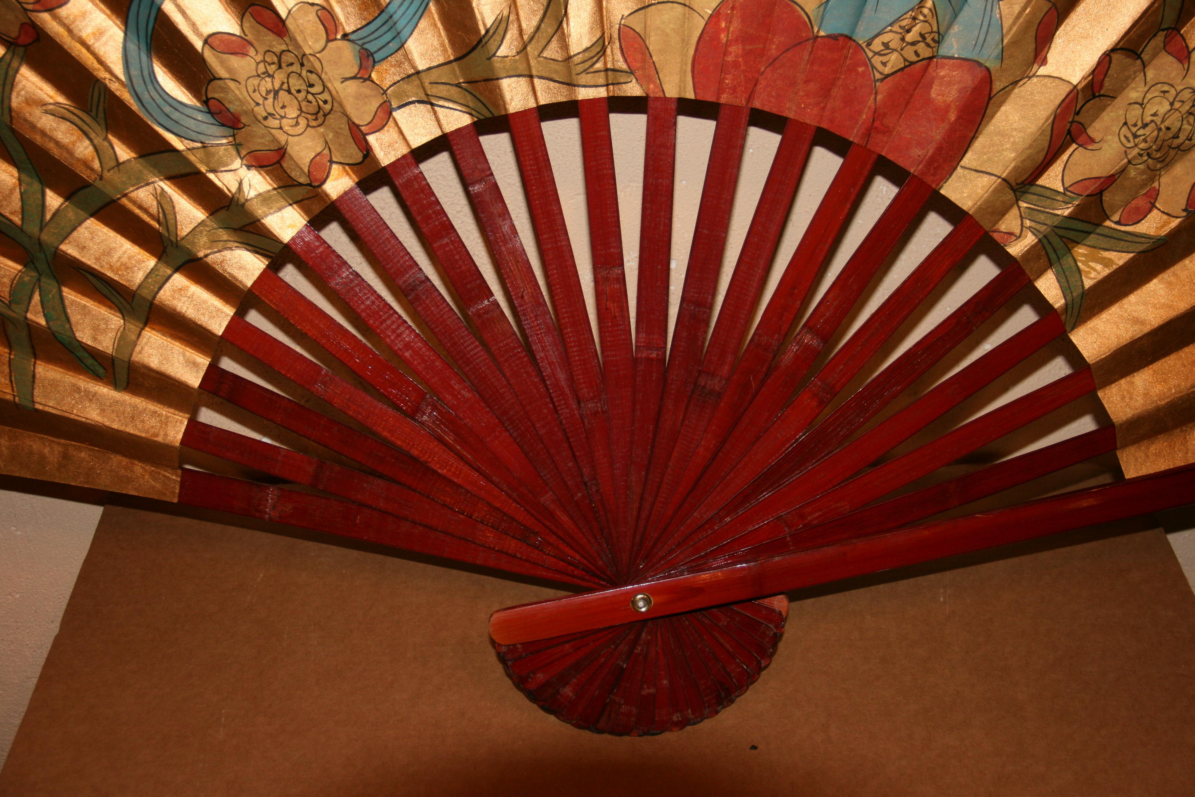 Extra Large Chinese Gilt Hand Painted Folding Fan Art / Screen For Sale 1