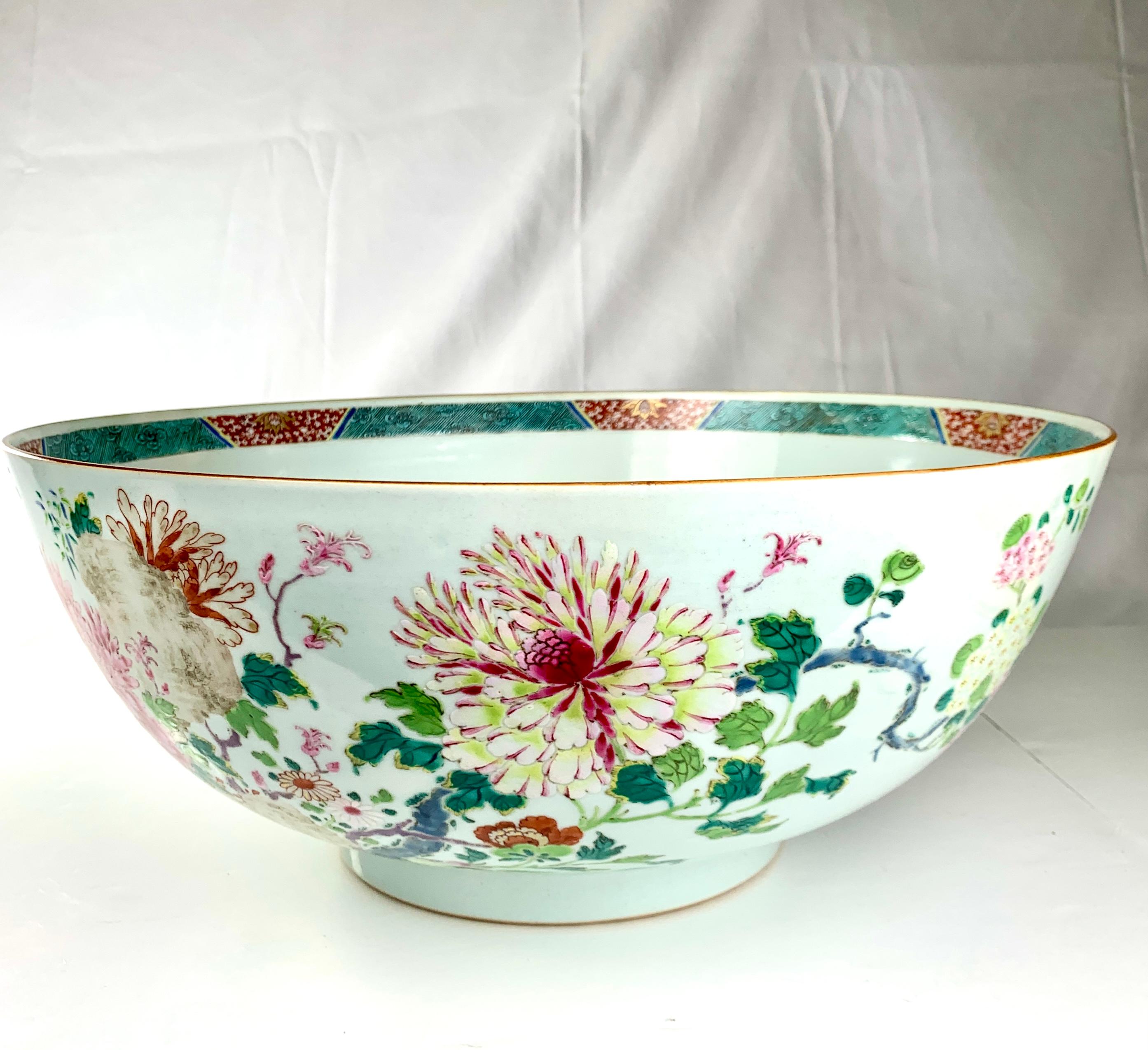 Hand-Painted Large Antique Chinese Porcelain Punch Bowl Hand Painted Qianlong Period Ca. 1760