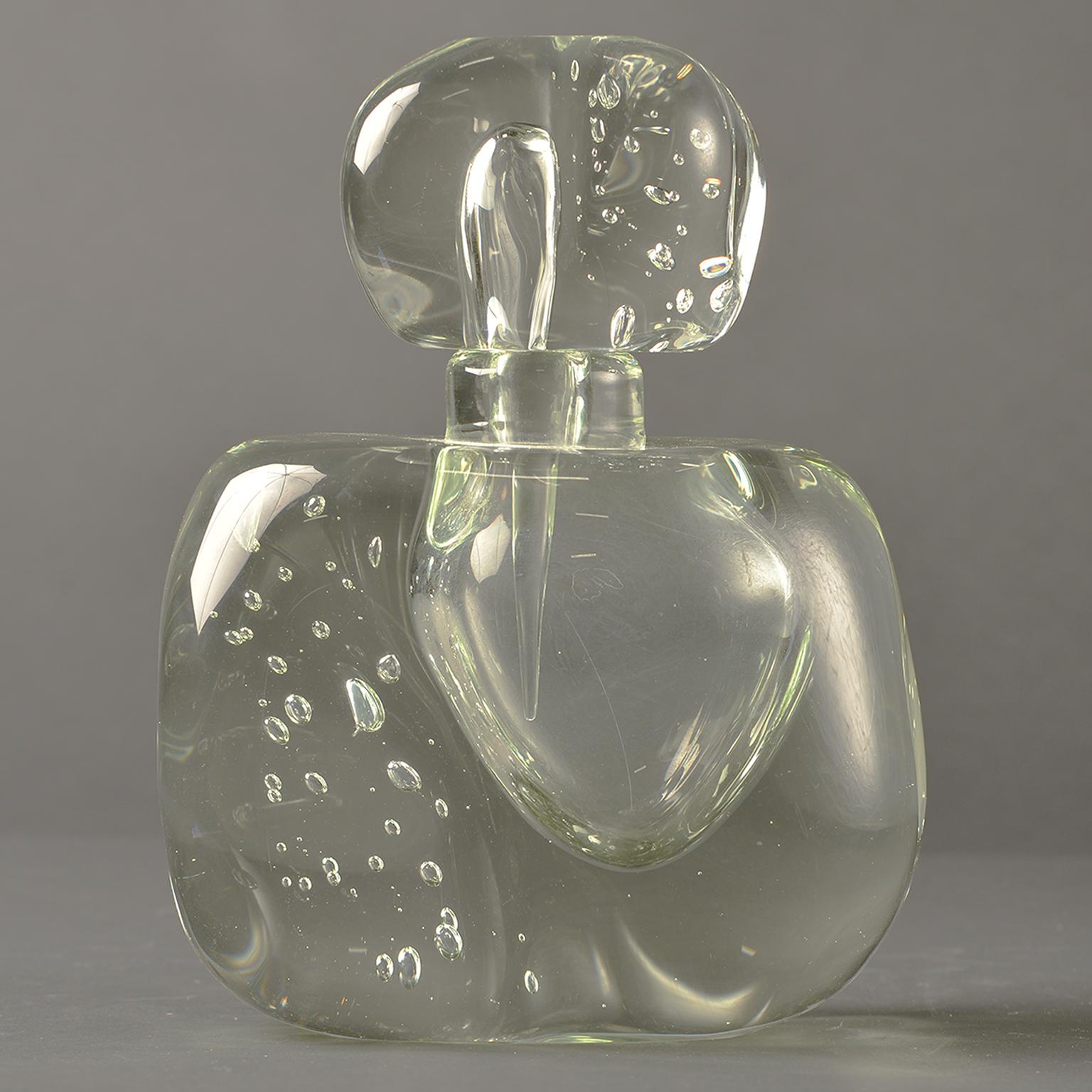 New handmade oversized Murano glass perfume bottle. Thick clear glass with bubbles. Large, clear stopper. Other perfume bottles in various shapes and colors also available at time of this posting.