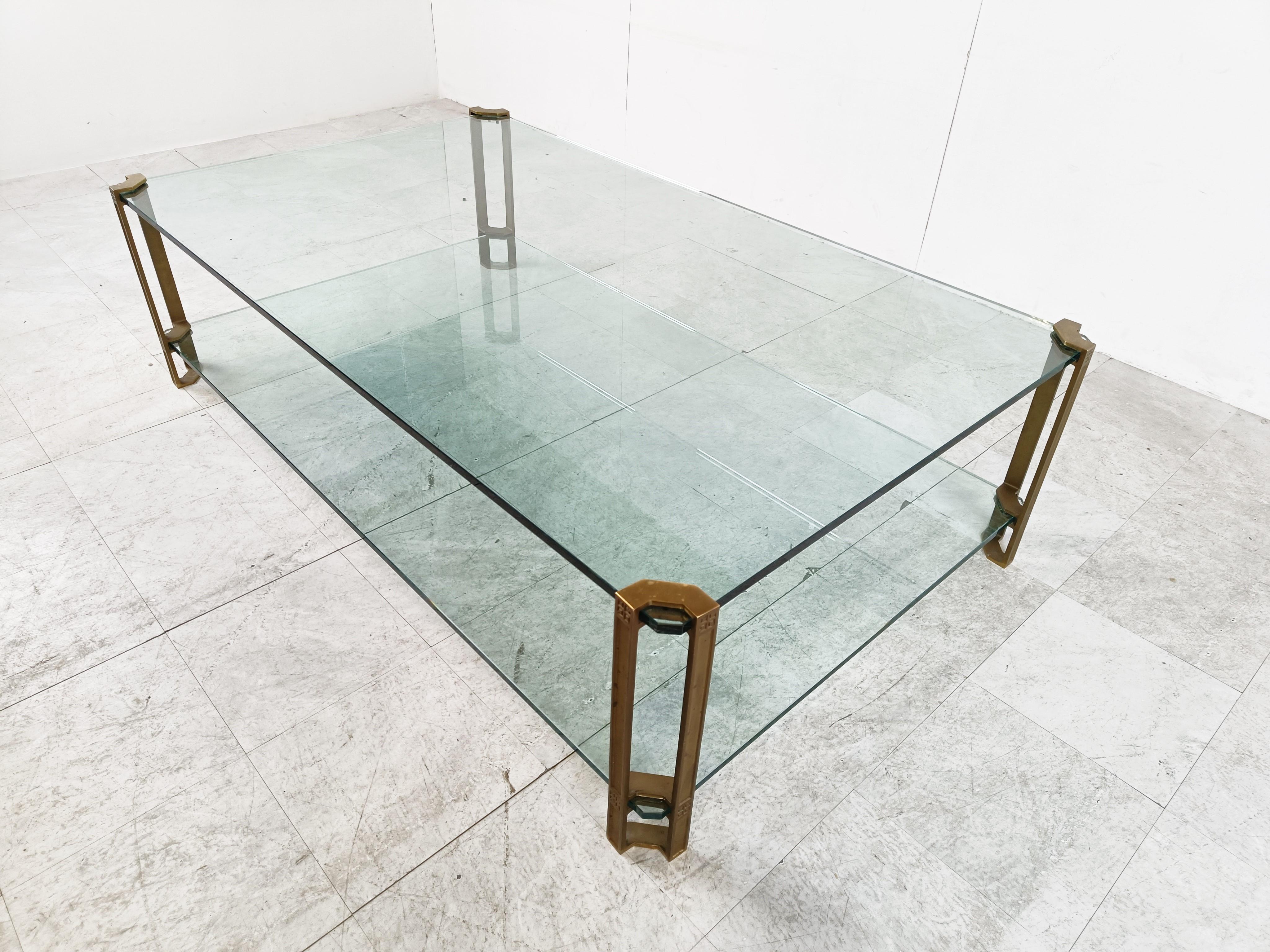 Very large Bronze two tier coffee table designed and produced by Peter Ghyczy.

Thick glass.

Well preserved, beautiful original condition 

1970s - Netherlands

Height: 45cm/17.71