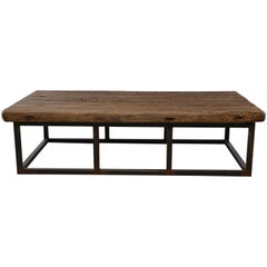 Extra Large Coffee Table of 19th Century Weathered Elm on Iron Base