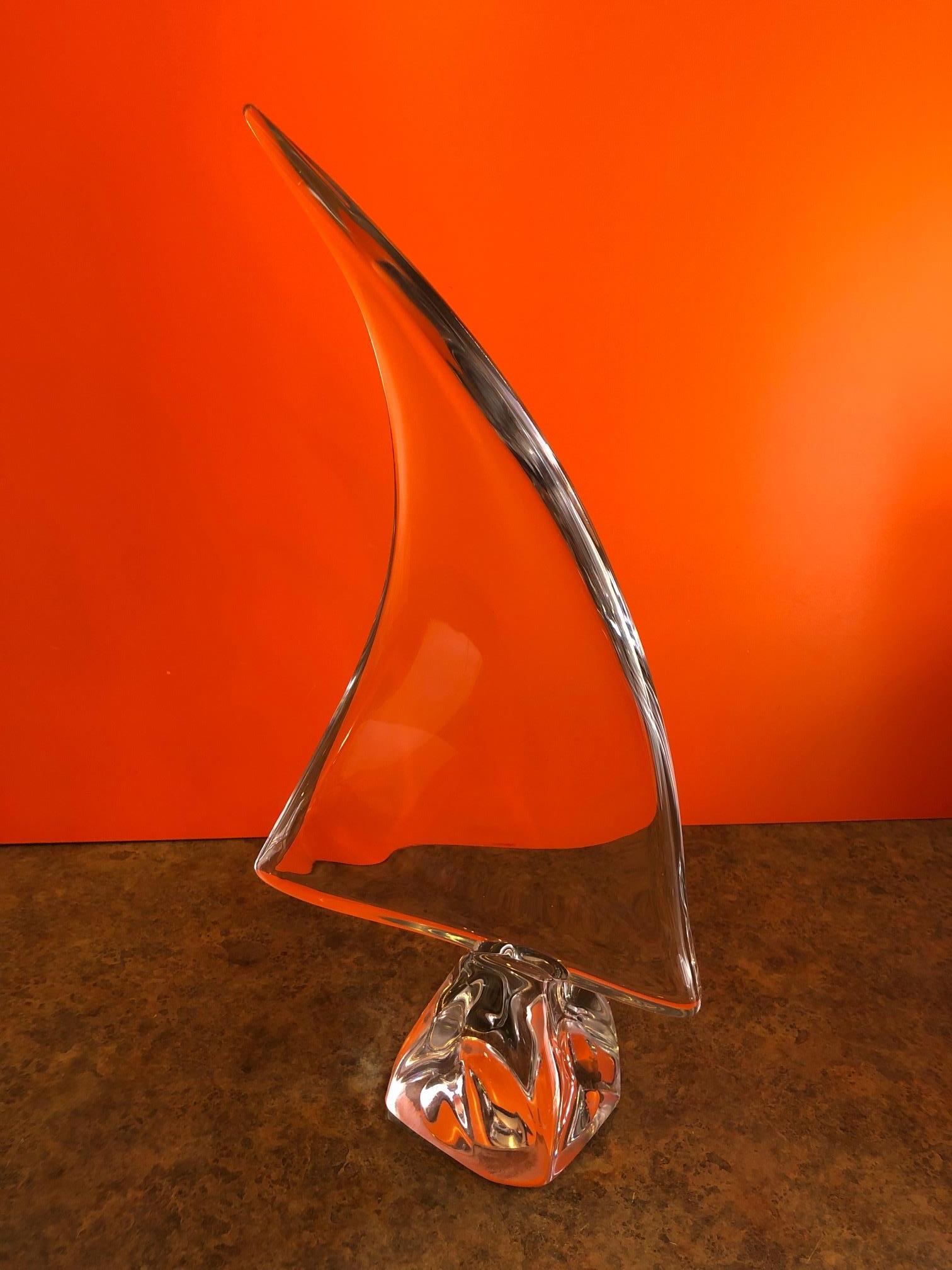 Extra large crystal sailboat sculpture by Daum, France, circa 1970s. Etched signature reads 