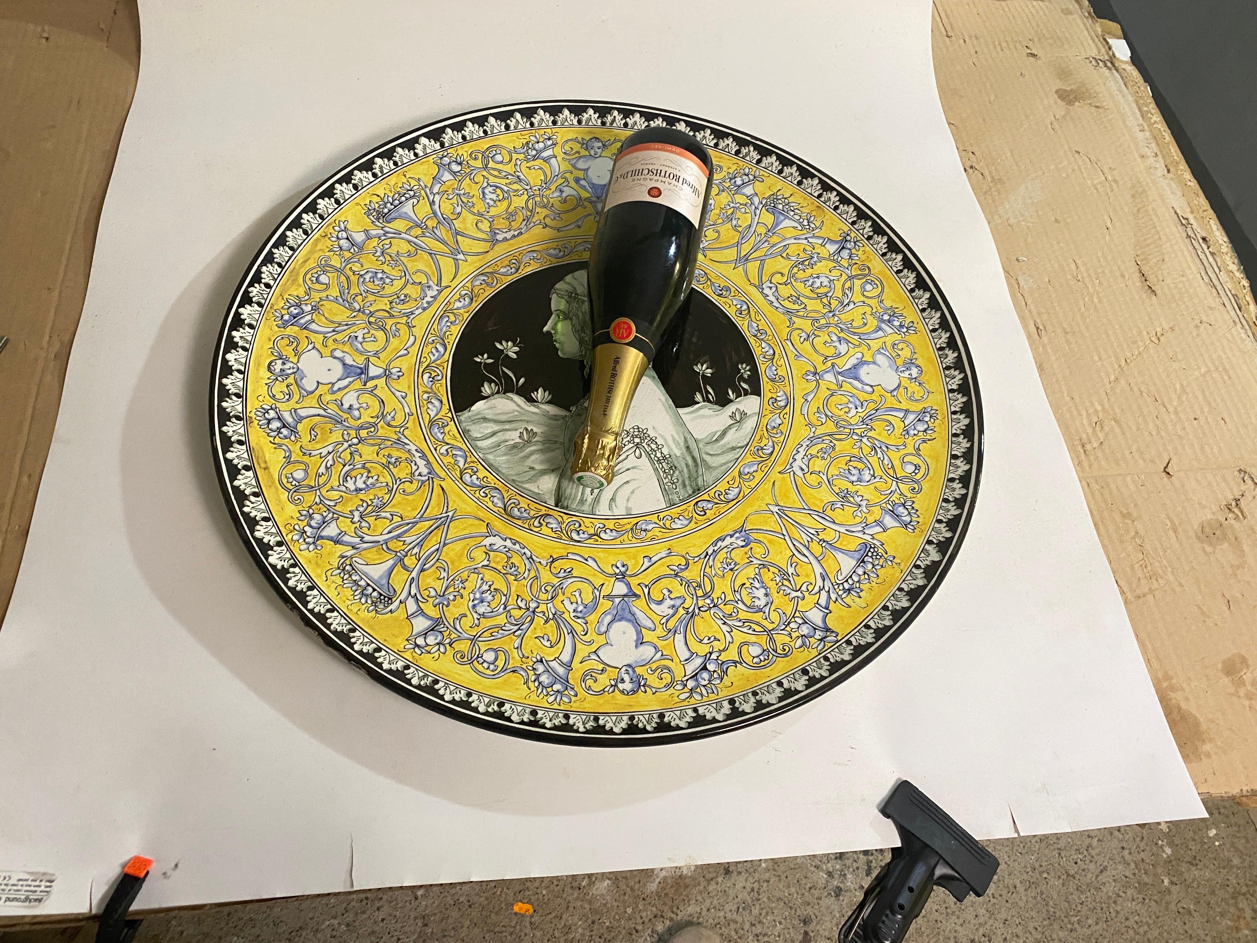 Extra Large Ceramic dish in Yellow and Dark blue color. This is a dish that was made in the 20th Century  in Italy It is very Heavy heavy, in good condition. Signed C.Lombardo Milano.