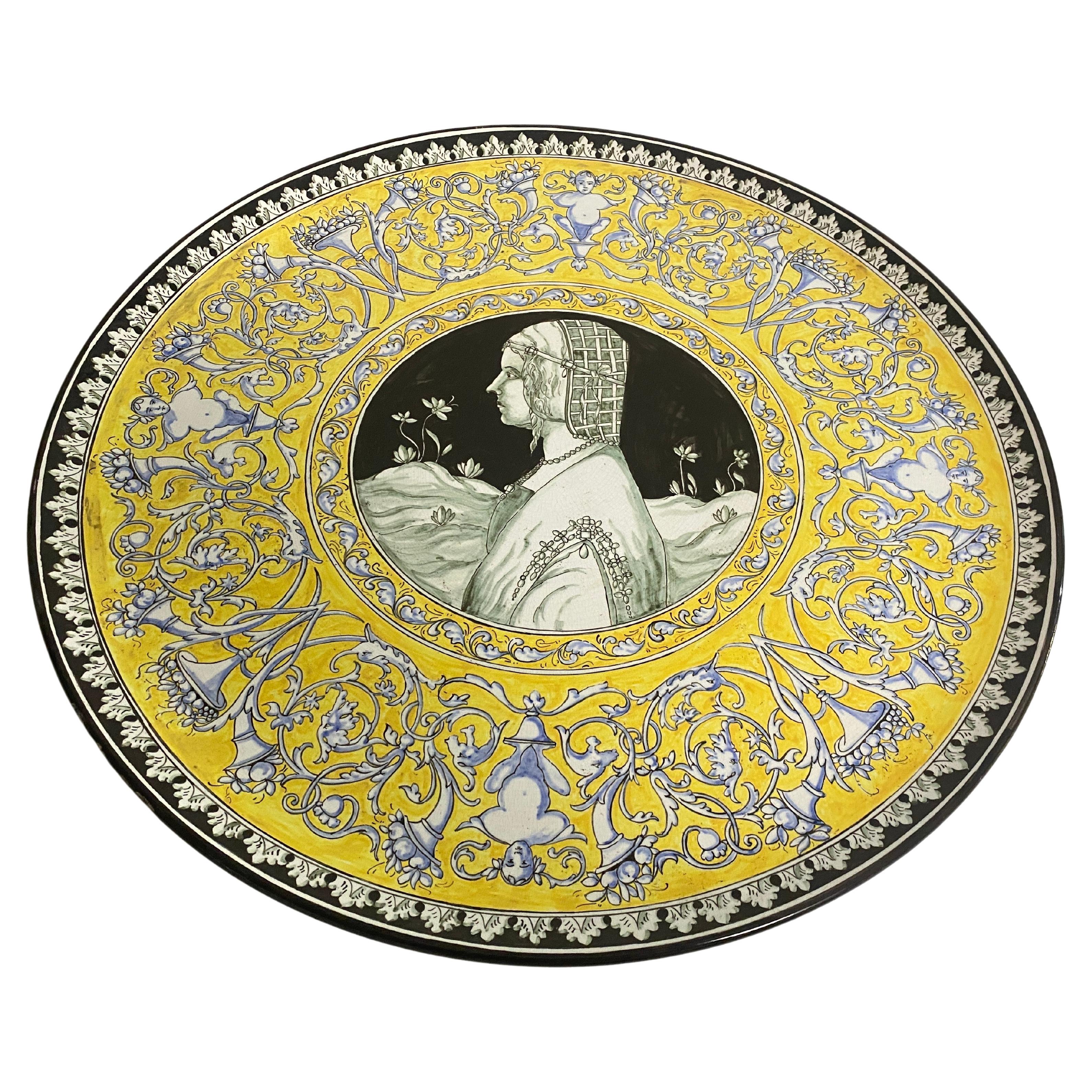Très grand plat décoratif jaune et bleu Italie 20ème siècle C.Lombardo