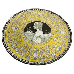 Vintage Extra Large Decorative Ceramic Dish Yellow an Blue Italy 20th Century C.Lombardo