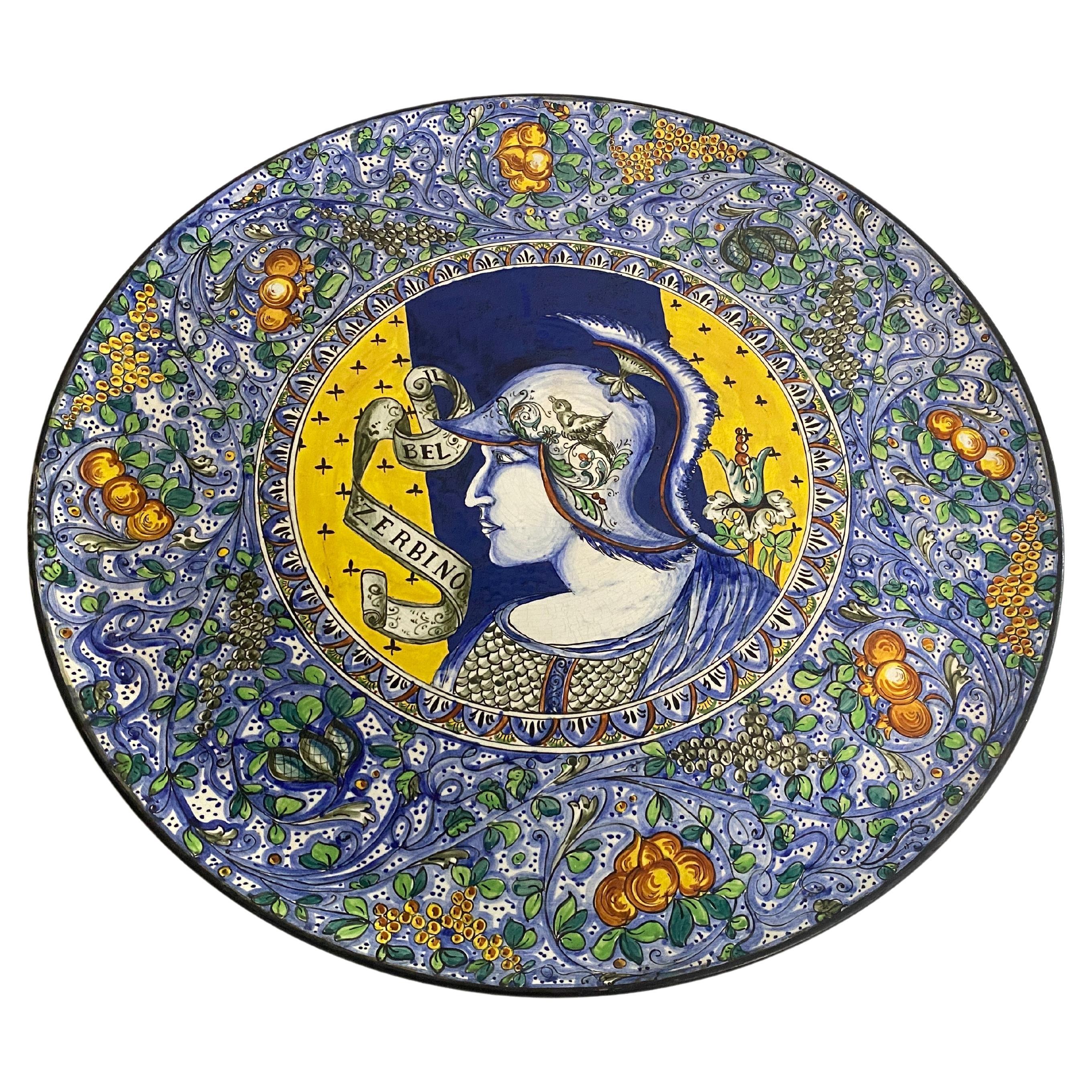 Très grand plat décoratif jaune et bleu Italie 20ème siècle C.Lombardo en vente