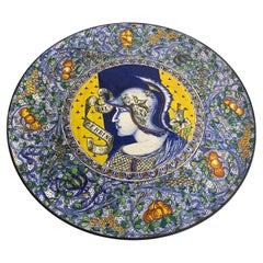 Vintage Extra Large Decorative Ceramic Dish Yellow an Blue Italy 20th Century C.Lombardo