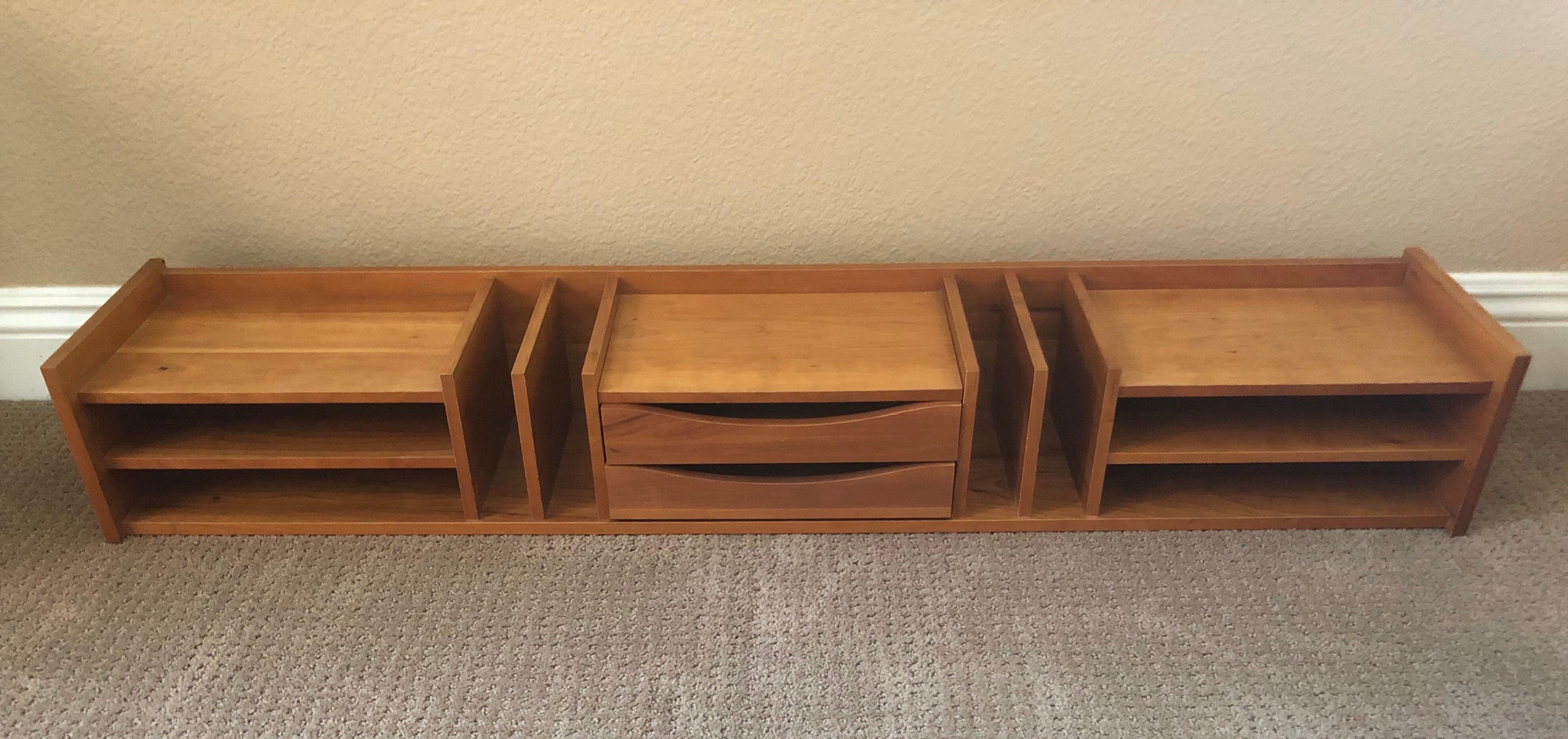 Very functional extra large Danish modern teak desk organizer / letter tray by Pedersen & Hansen, circa 1970s. There are seven horizontal letter trays, four vertical slots and two drawers. The piece is in excellent condition and measures 47.5