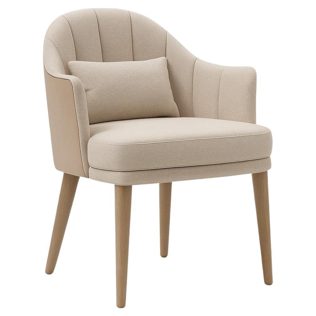 This exquisite armchair presents a harmonious blend of sleek modern design and natural elegance. Its defining features include a generously upholstered seat and back, providing exceptional comfort and a plush aesthetic. The graceful curves and