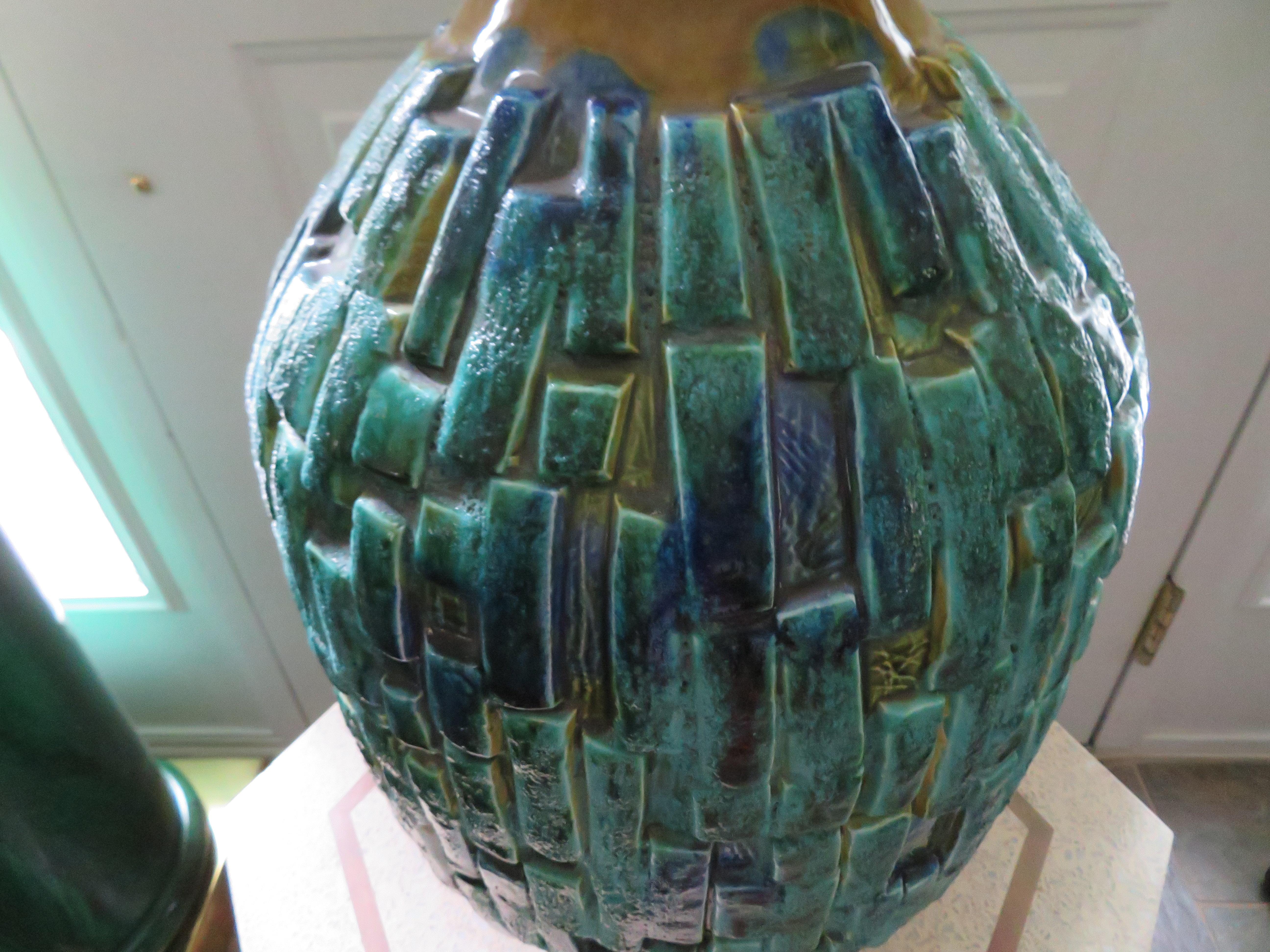 Mid-Century Modern Extra Large Drip Glazed Blue Turquoise Brutalist Textured Lamp Midcentury