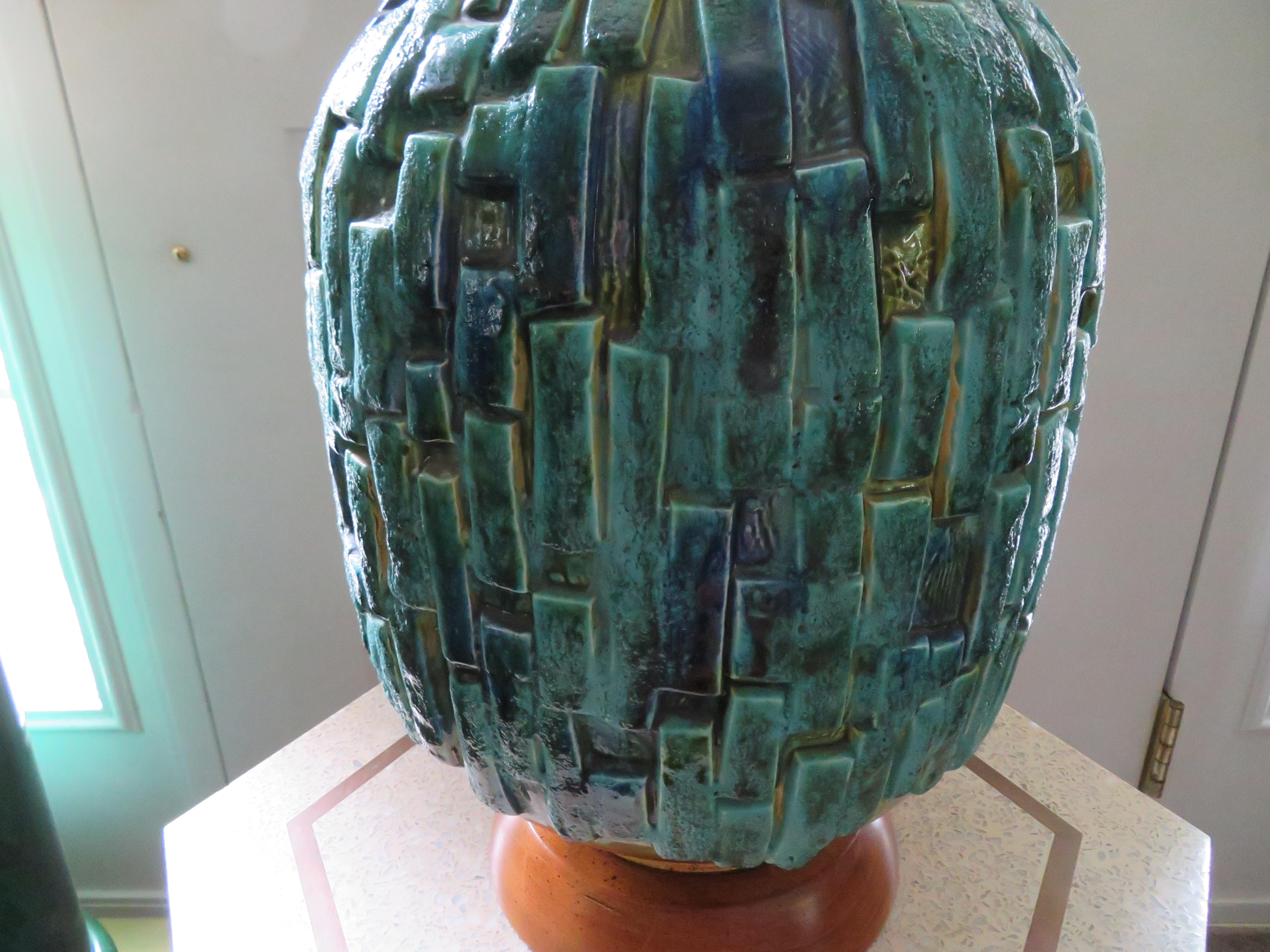 American Extra Large Drip Glazed Blue Turquoise Brutalist Textured Lamp Midcentury
