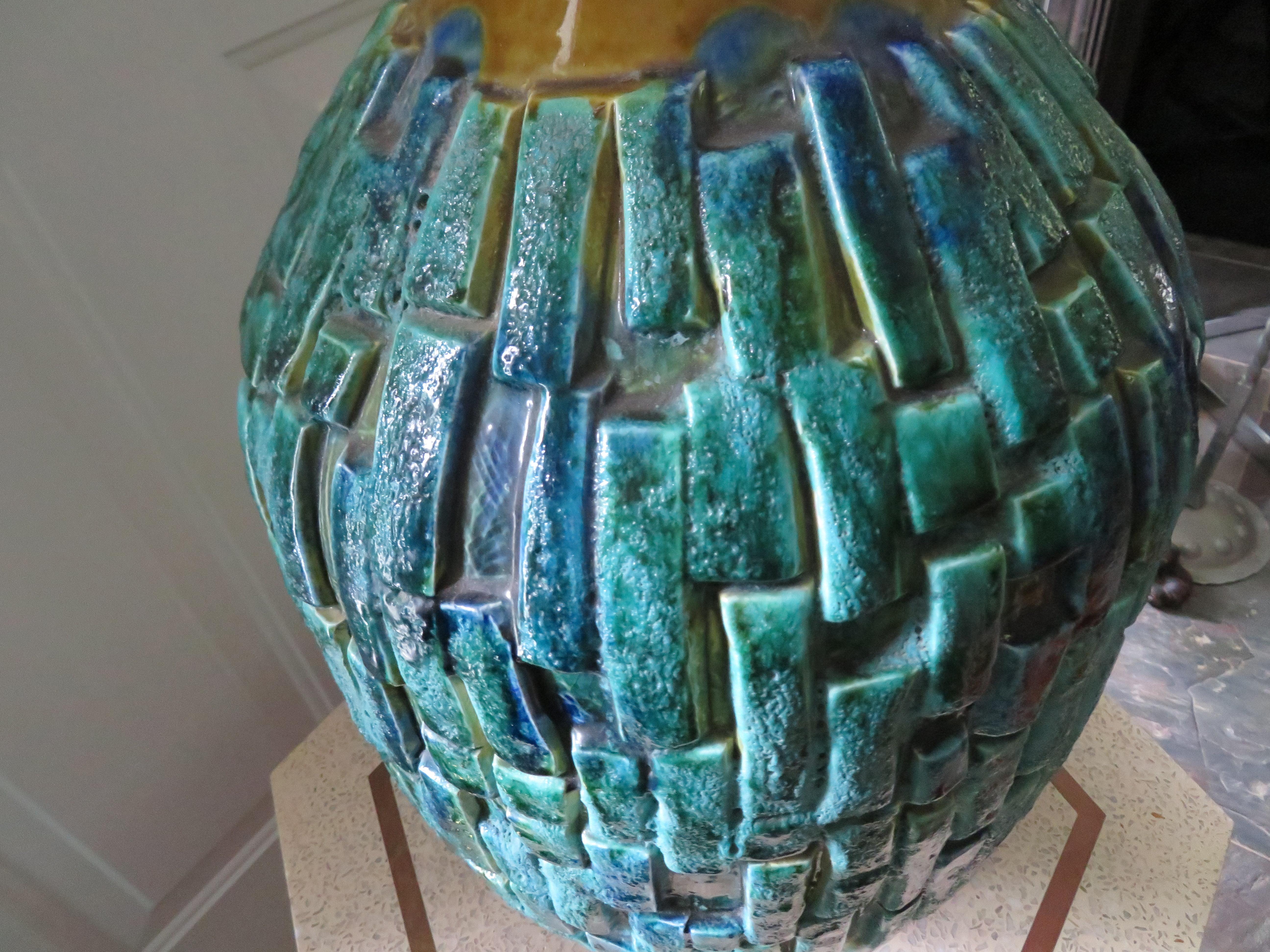 Ceramic Extra Large Drip Glazed Blue Turquoise Brutalist Textured Lamp Midcentury
