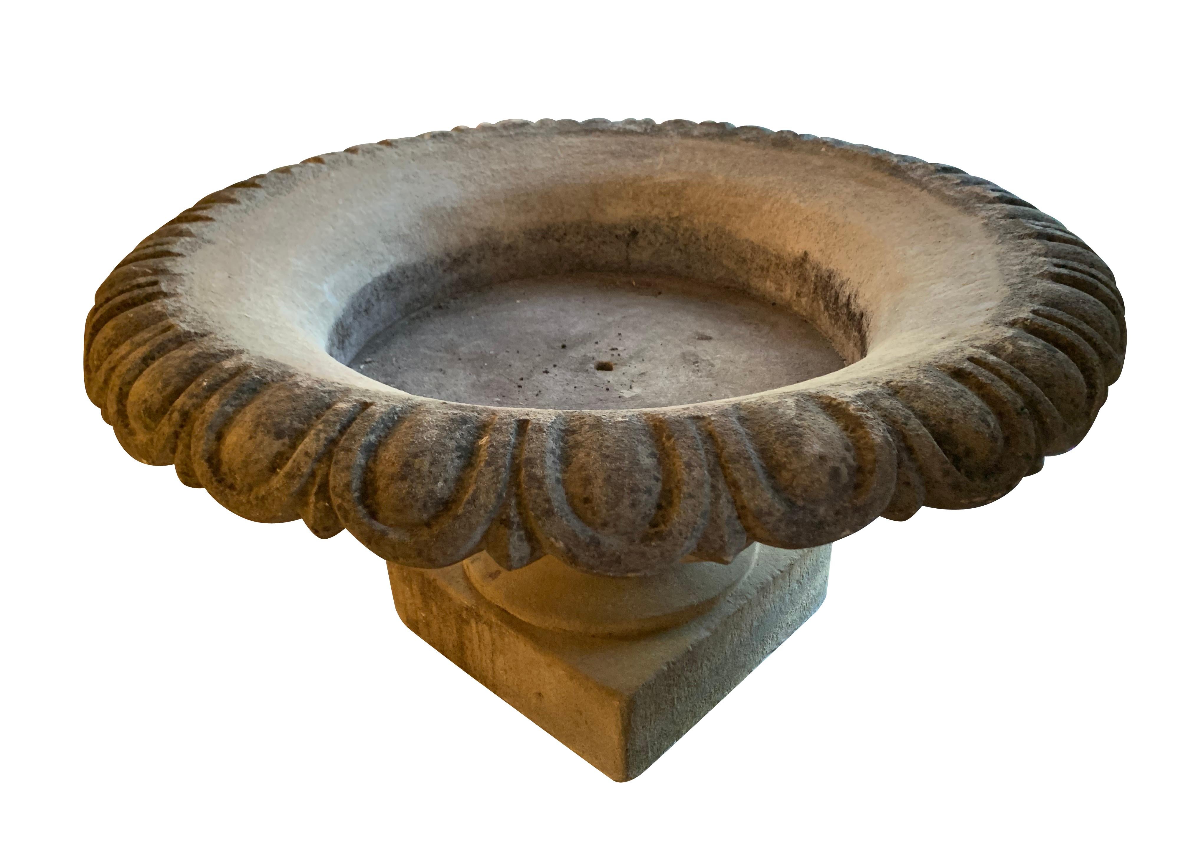 1940's English extra large composition stone garden urn.
Egham Tazza design.
Stone is embedded with spores and lichen creating natural aged patina.
Base measures 19 x 19
6
