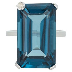 Extra Large Emerald Cut Blue Topaz White Diamond Solitaire Ring 14 Karat Gold