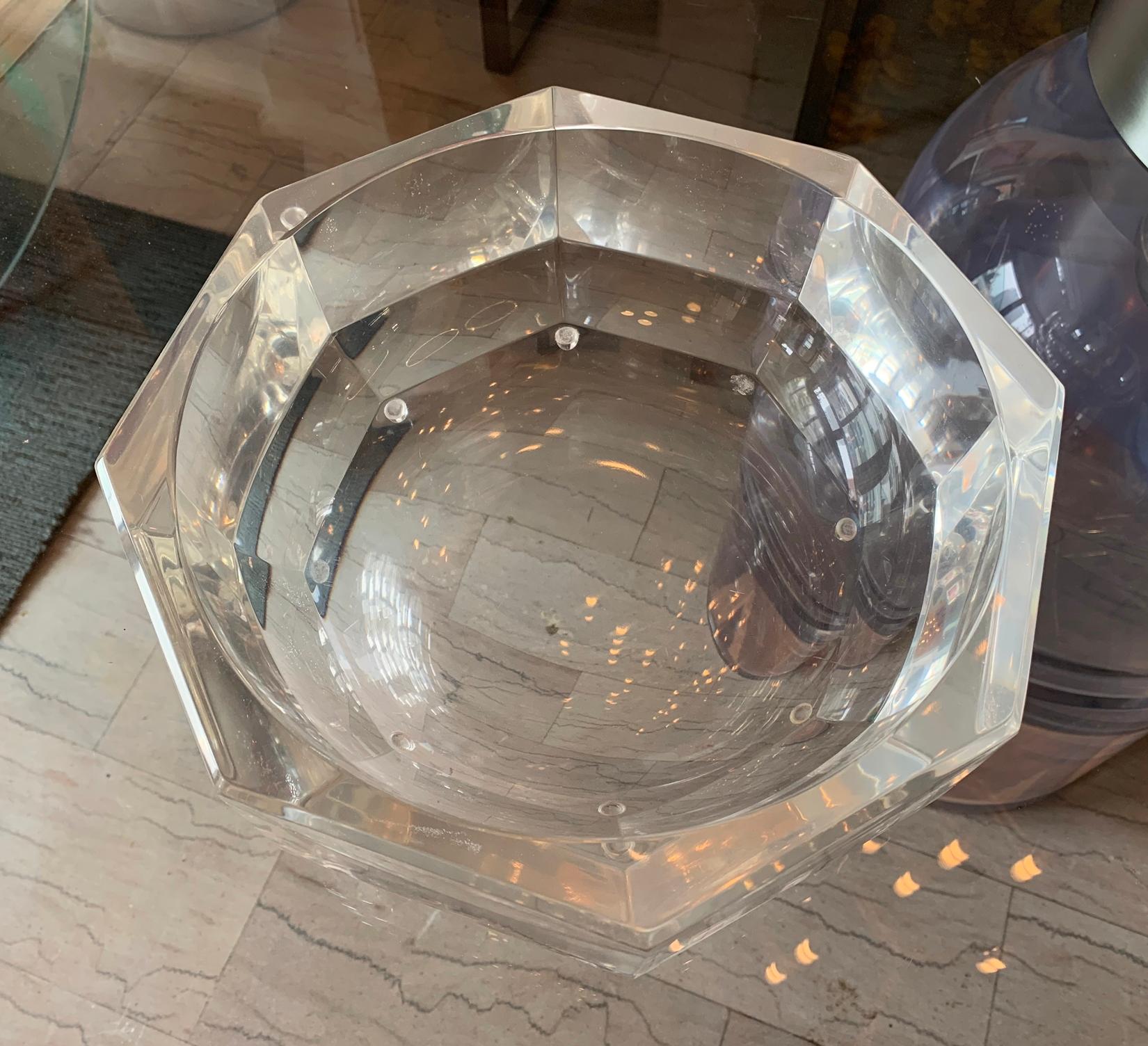 Polished Extra Large Faceted Lucite Bowl, circa 1970s For Sale